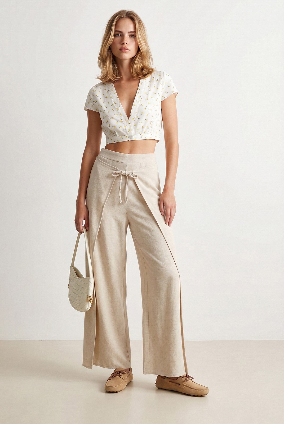 Katmanlı Bağlama Detaylı Wide Leg Keten Pantolon Taş