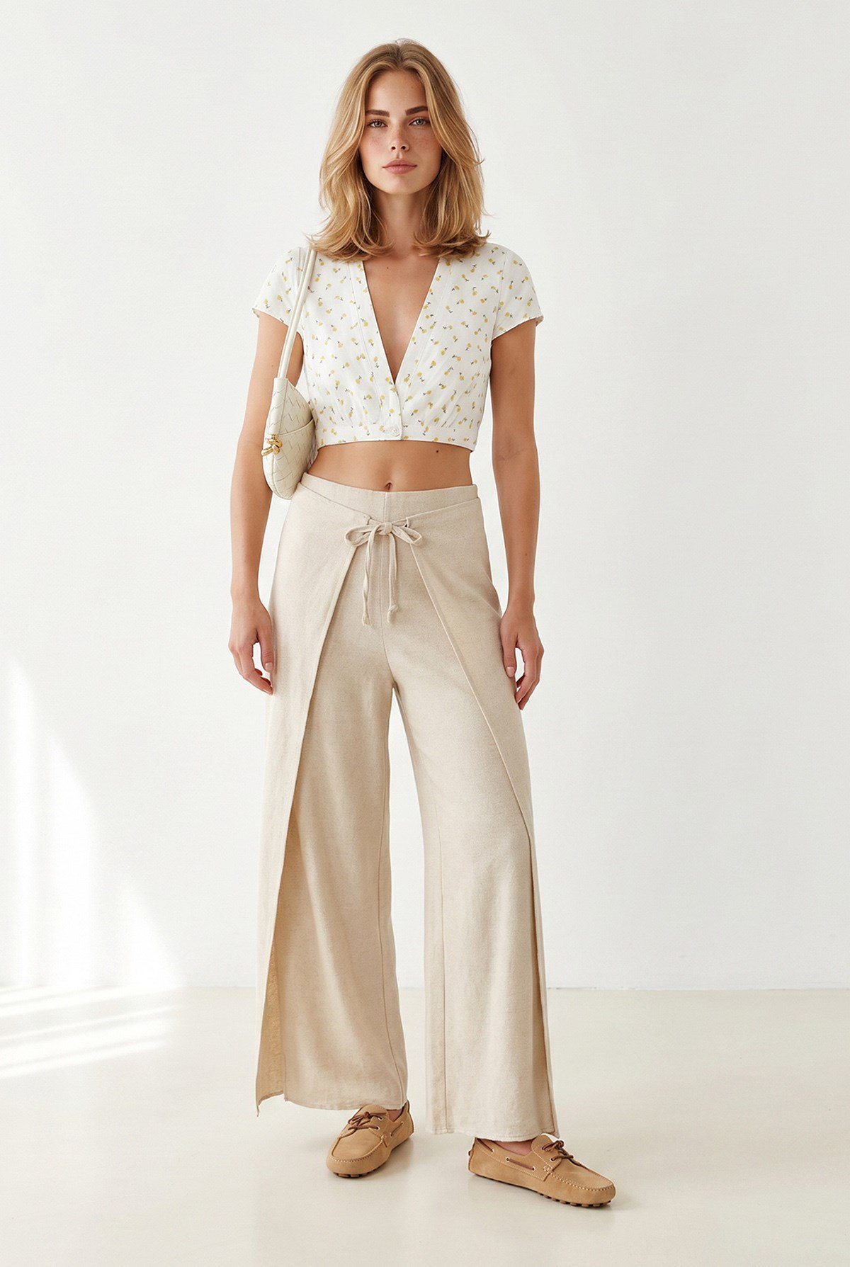 Katmanlı Bağlama Detaylı Wide Leg Keten Pantolon Taş