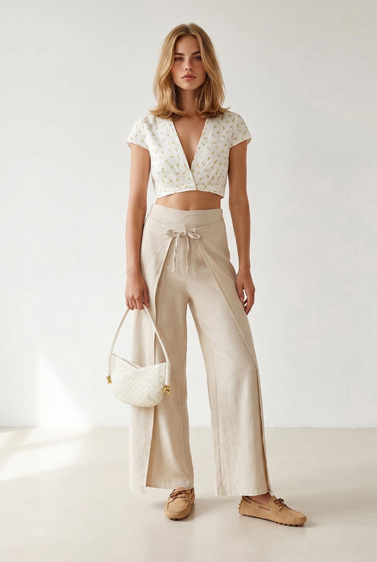 Katmanlı Bağlama Detaylı Wide Leg Keten Pantolon Taş