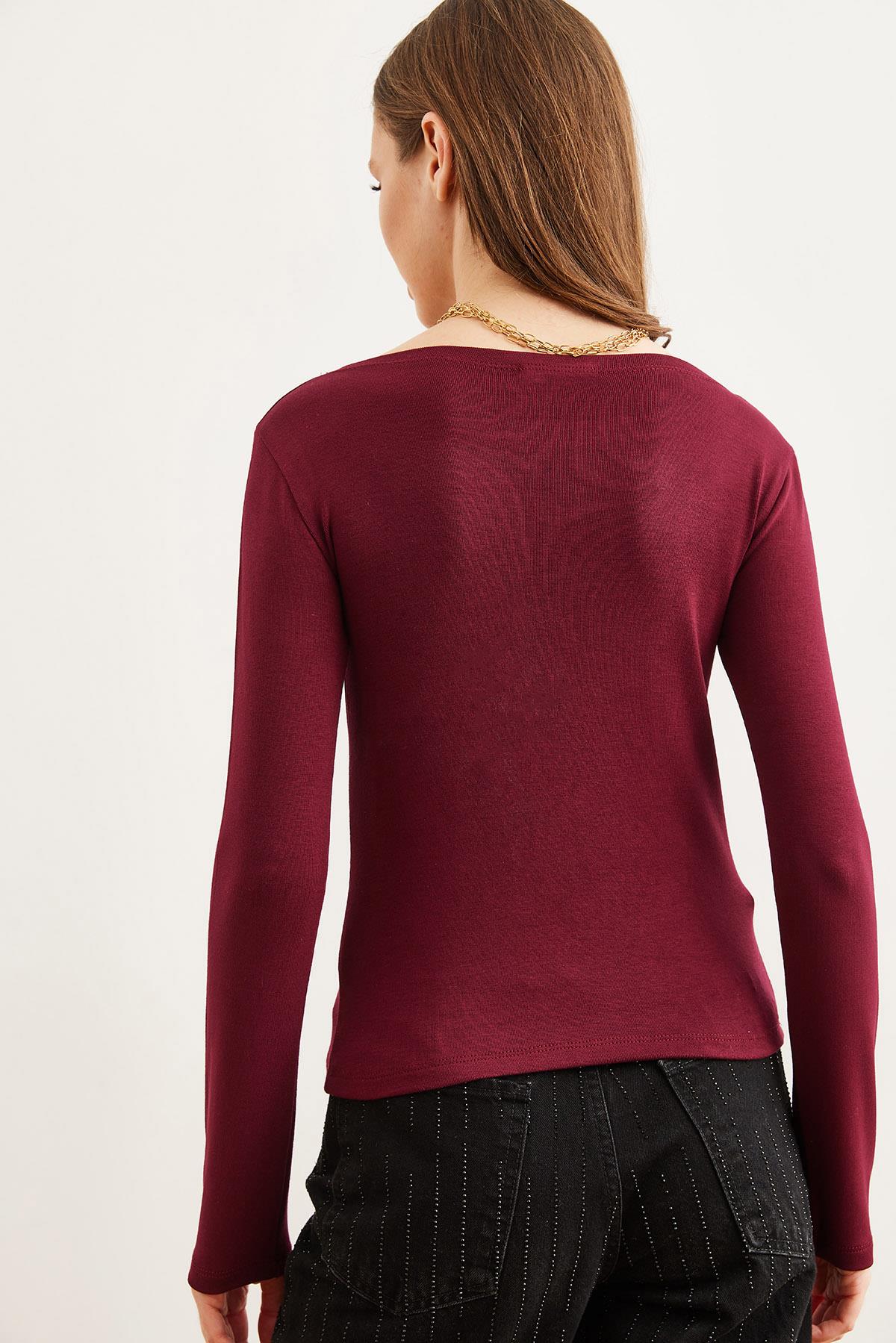Kayık Yaka Soft Touch Basic Esnek Bluz Bordo