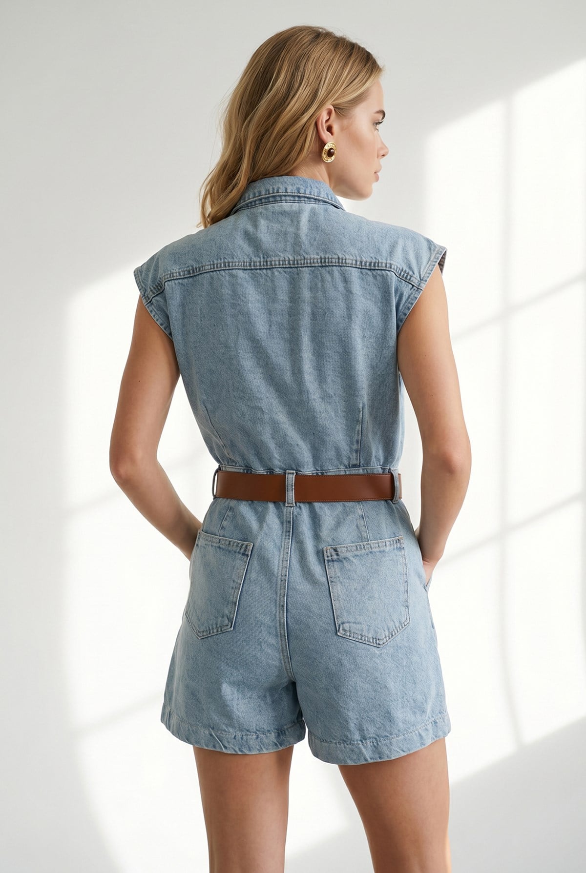 Kemerli Cepli Denim Şort Tulum Mavi