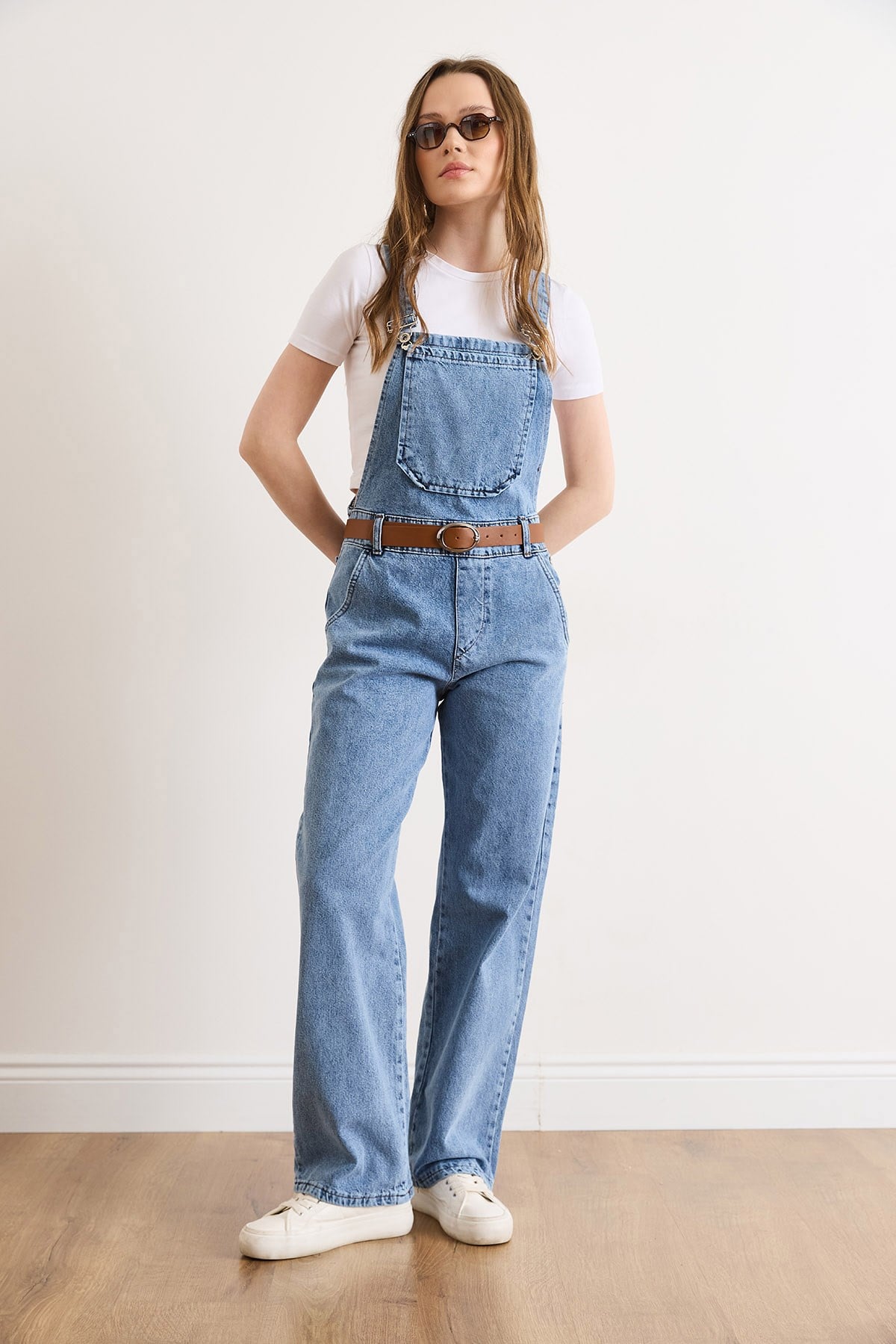 Kemerli Cepli Salopet Denim Tulum Açık Mavi