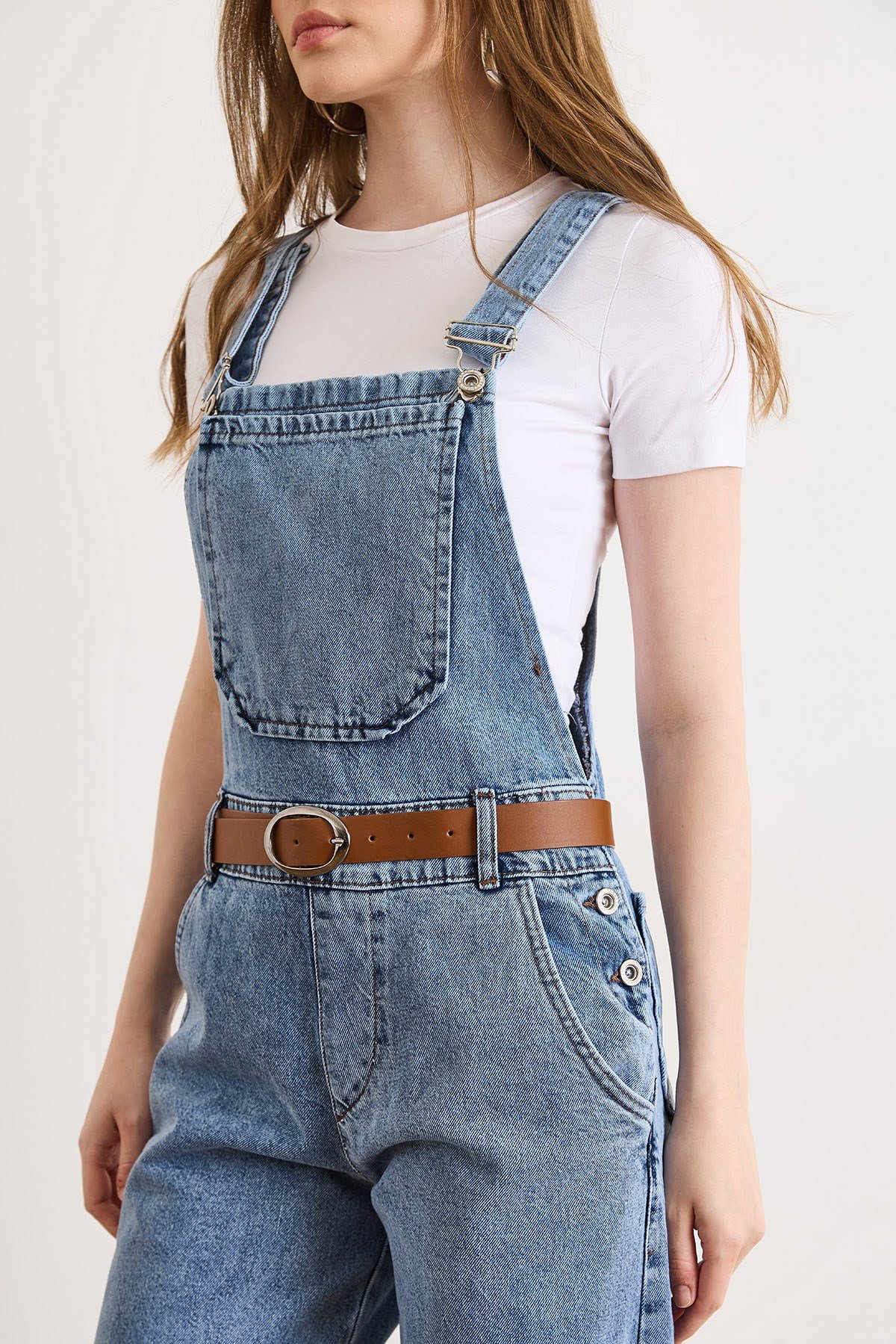 Kemerli Cepli Salopet Denim Tulum Açık Mavi