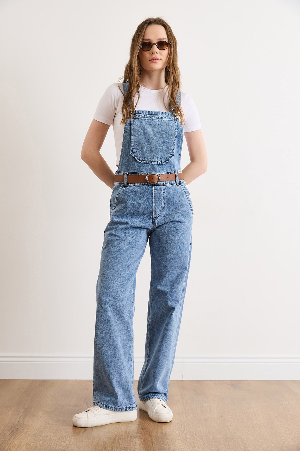 Kemerli Cepli Salopet Denim Tulum Açık Mavi