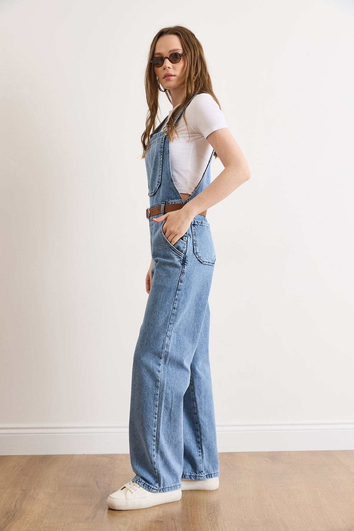 Kemerli Cepli Salopet Denim Tulum Açık Mavi