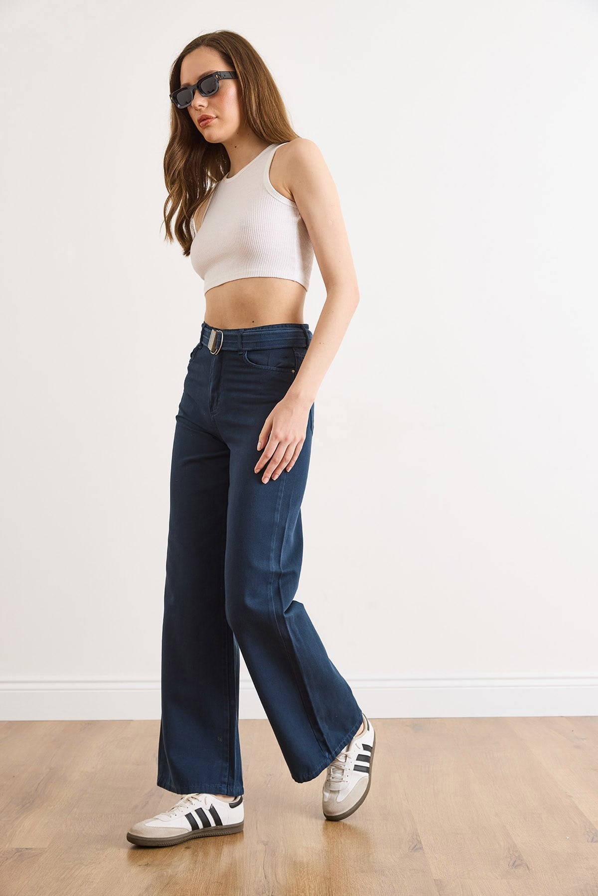 Kemerli Yıkamalı Wide Leg Gabardin Pantolon Lacivert
