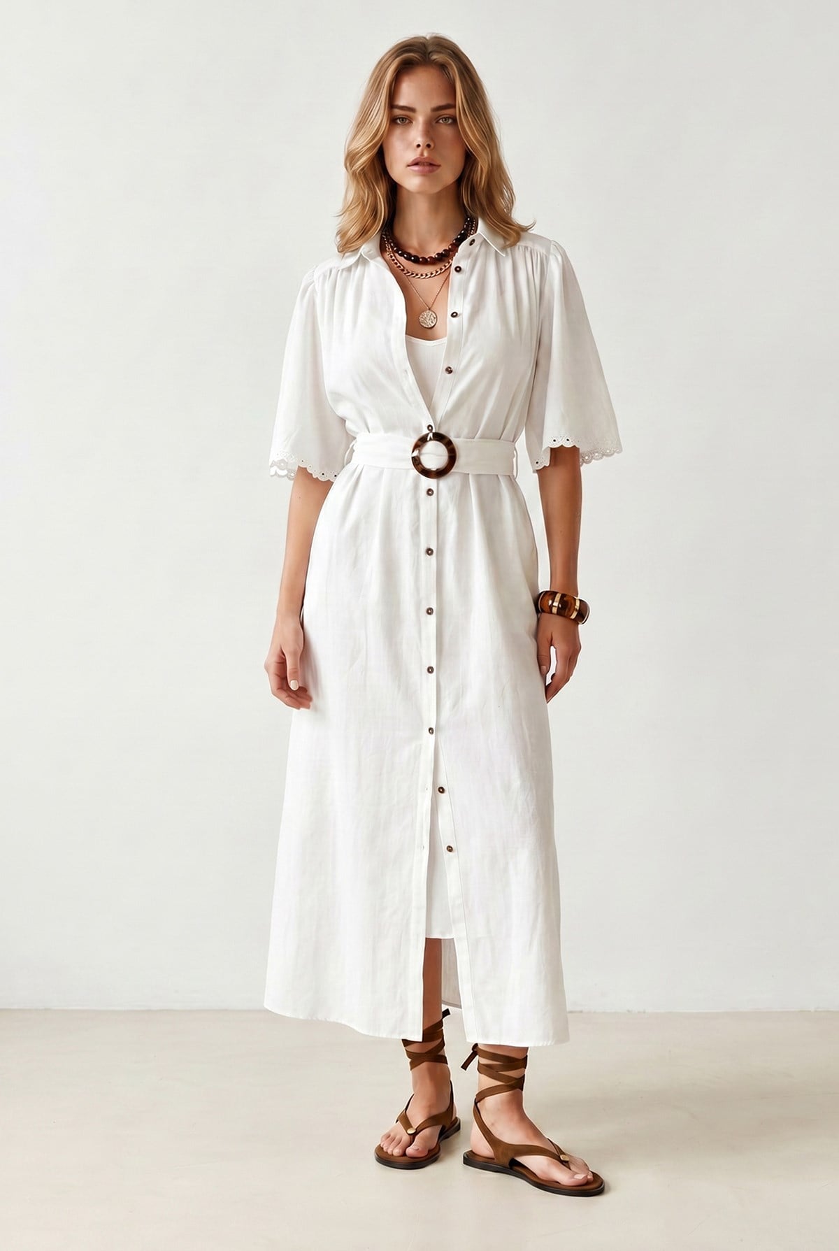 Kol Detaylı Kemerli Astarlı Maksi Gömlek Elbise Beyaz