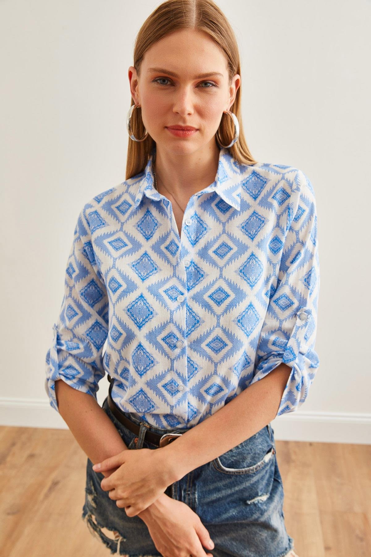 Kol Katlamalı Keten Gömlek Baklava Mavi