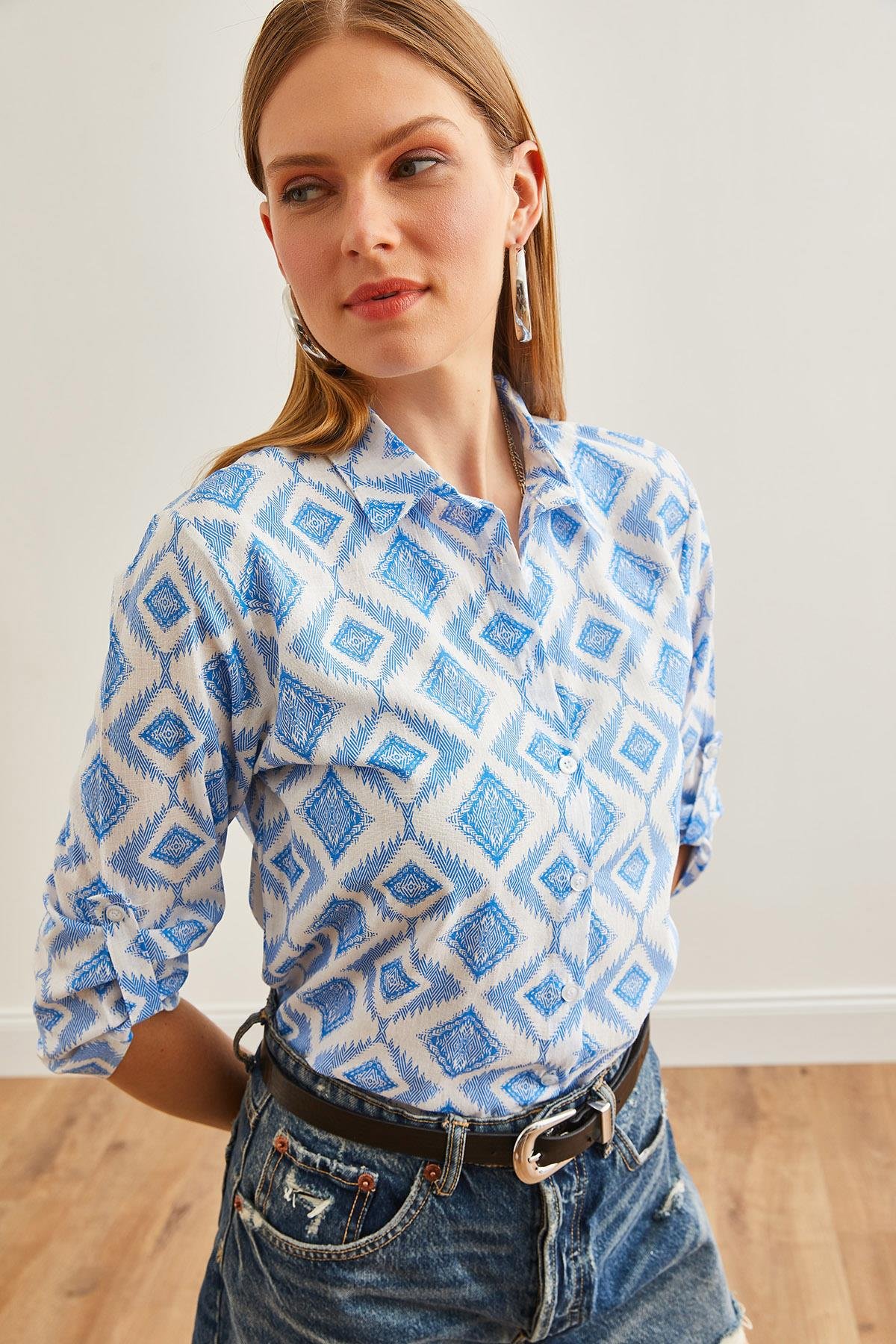 Kol Katlamalı Keten Gömlek Baklava Mavi