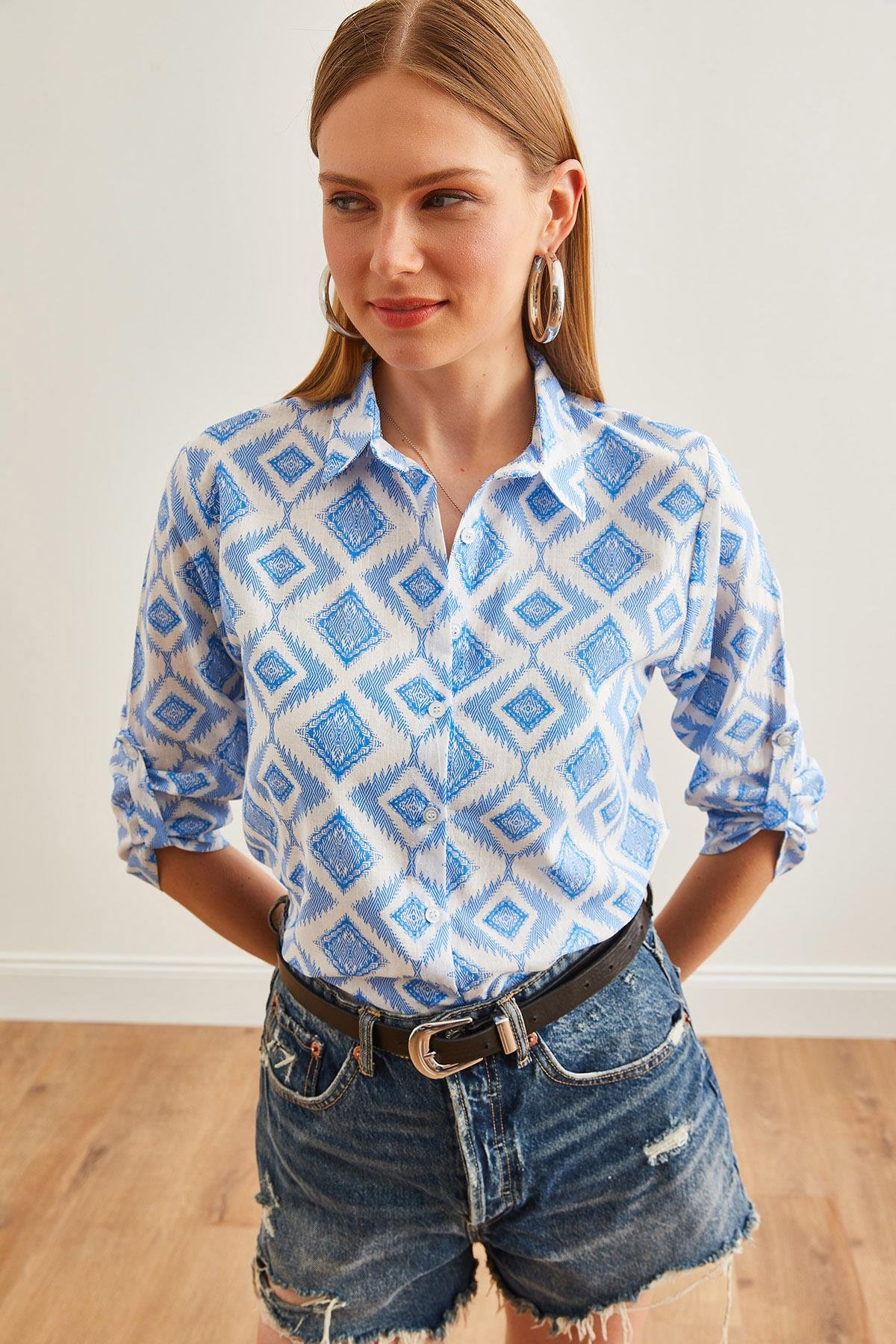 Kol Katlamalı Keten Gömlek Baklava Mavi