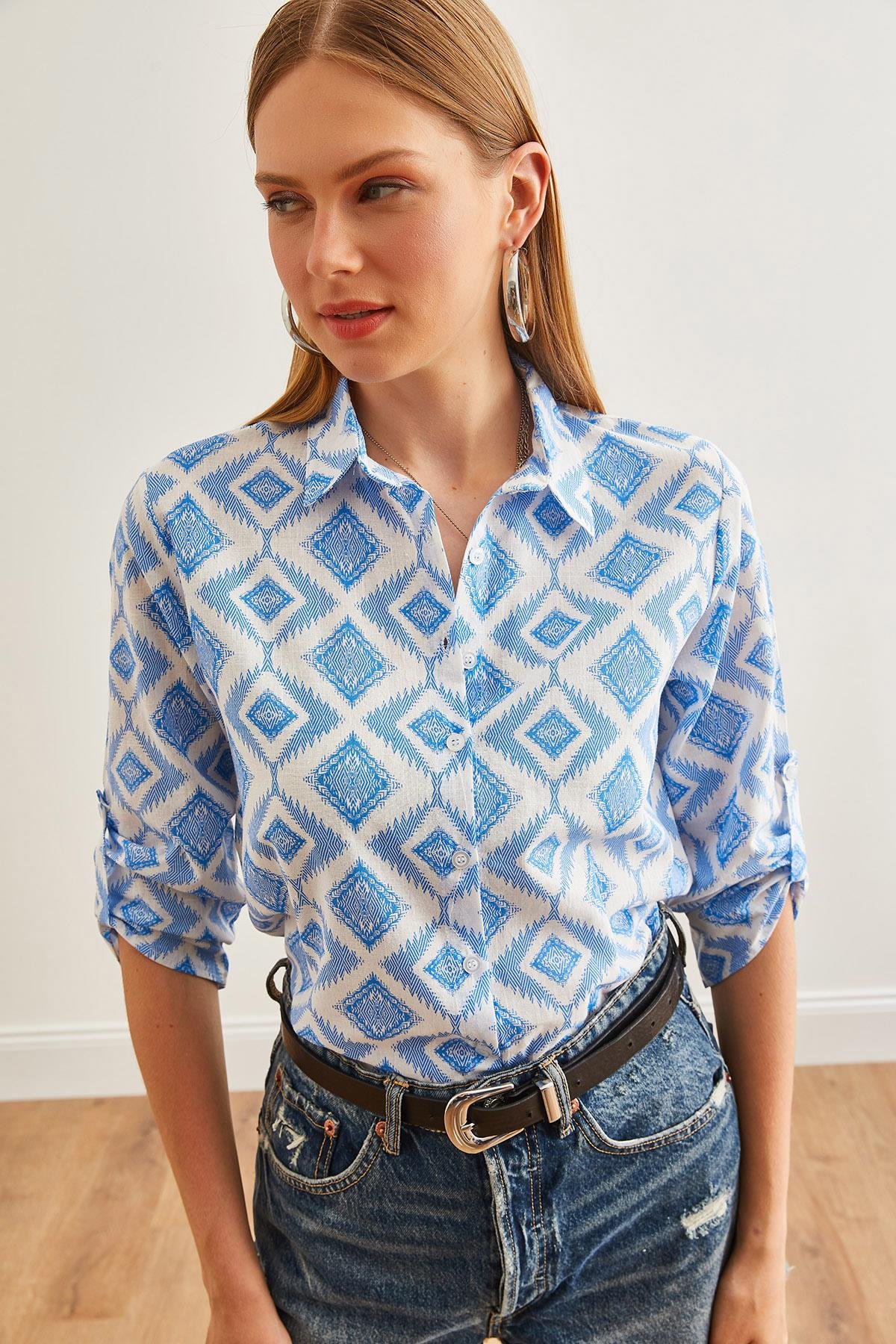 Kol Katlamalı Keten Gömlek Baklava Mavi