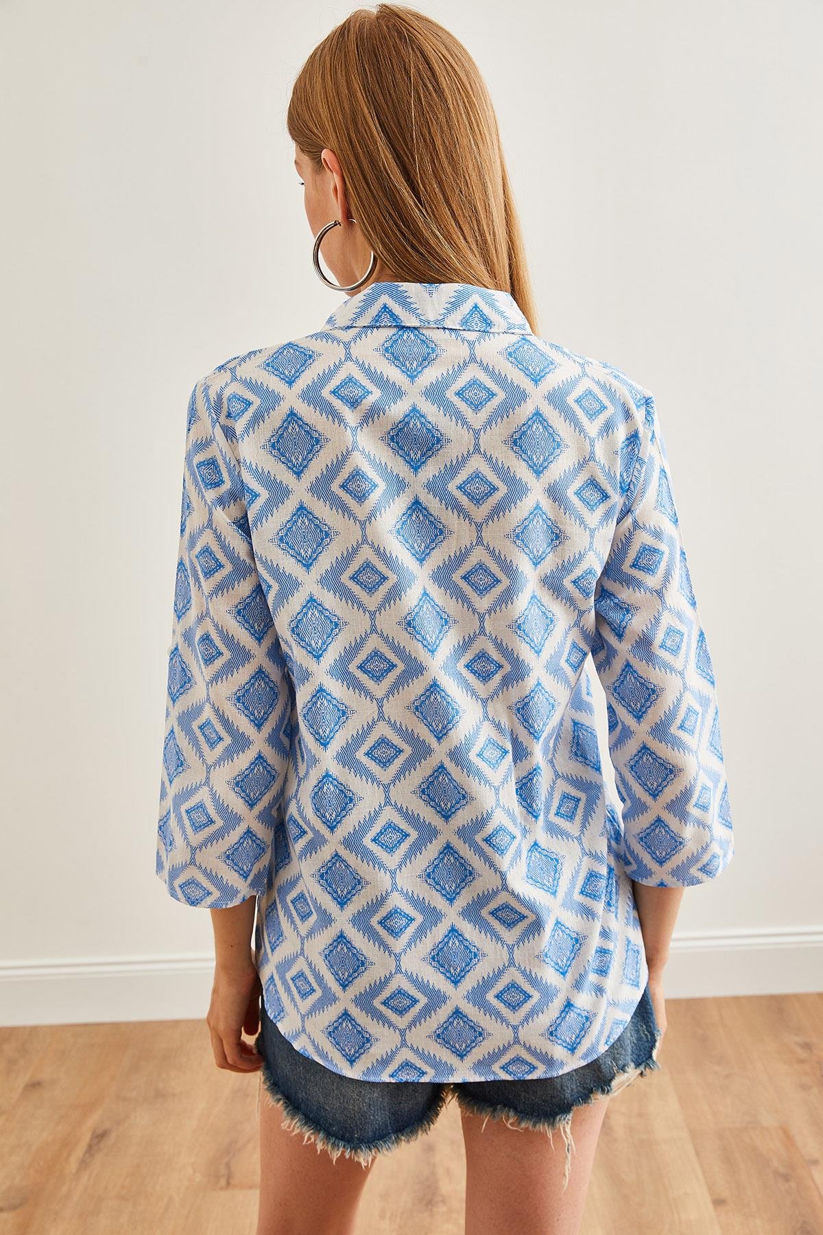 Kol Katlamalı Keten Gömlek Baklava Mavi