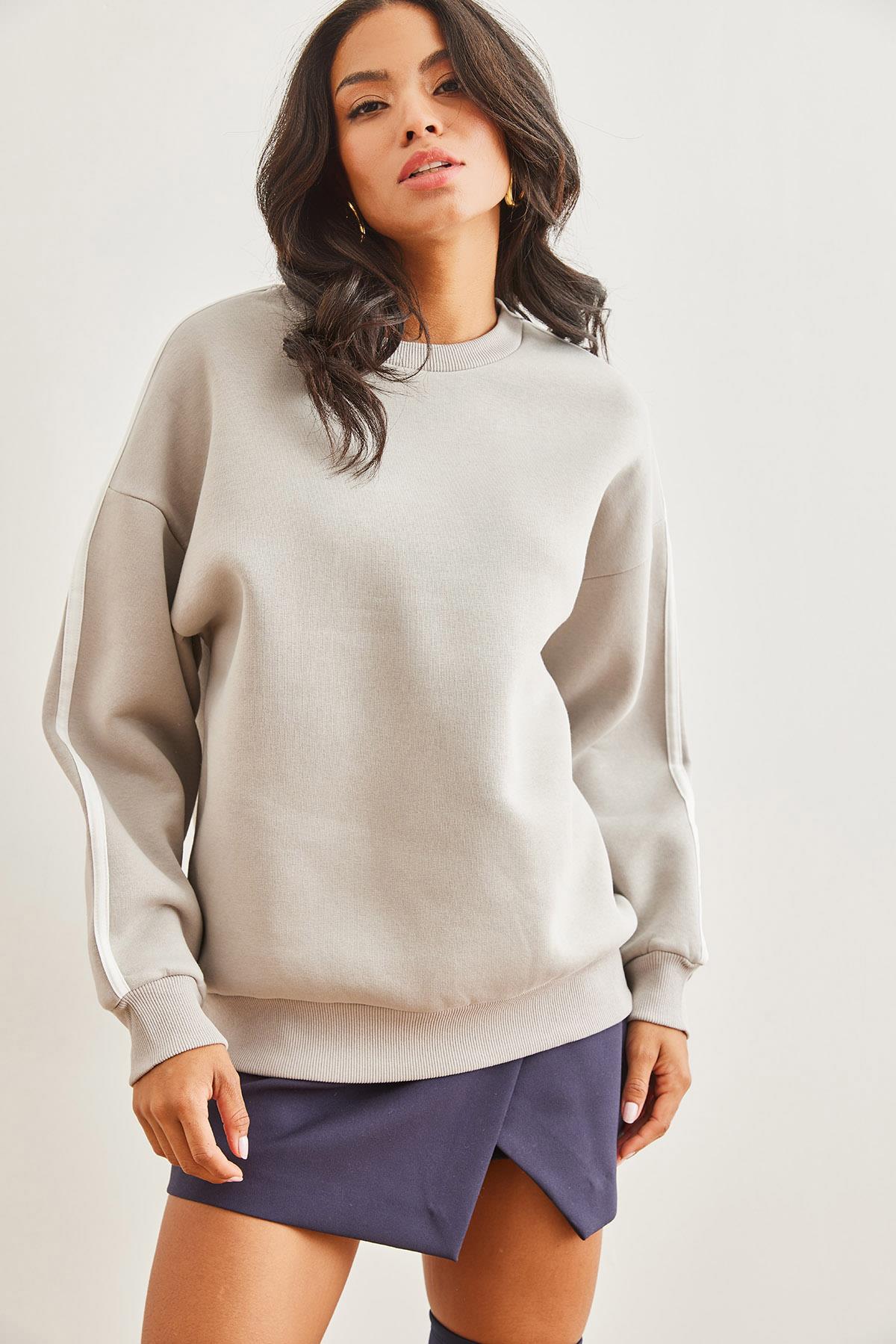 Kol Şeritli Şardonlu Kalın Sweatshirt Gri