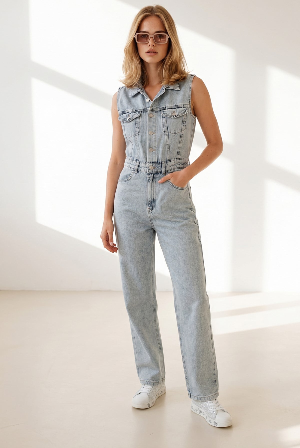 Kolsuz Cepli Denim Tulum Açık Mavi