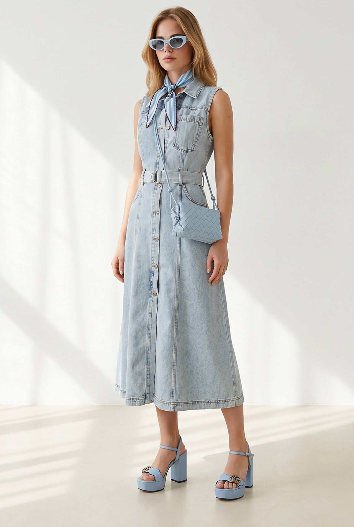 Kolsuz Cepli Kuşaklı Uzun Denim Elbise Mavi Kar