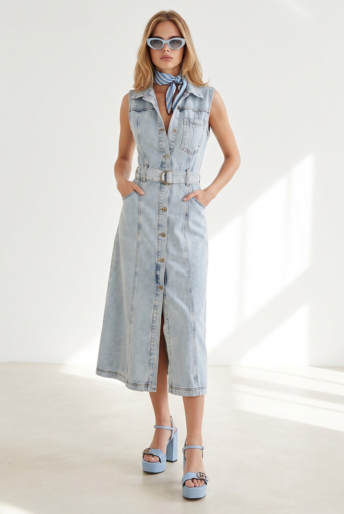 Kolsuz Cepli Kuşaklı Uzun Denim Elbise Mavi Kar