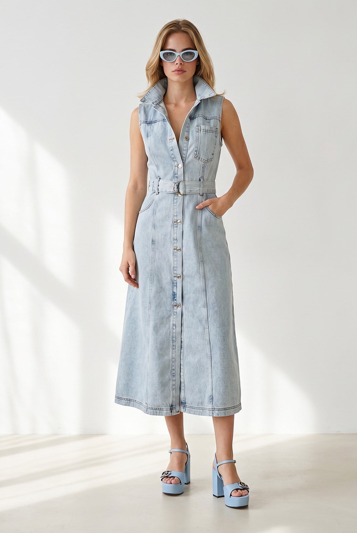 Kolsuz Cepli Kuşaklı Uzun Denim Elbise Mavi Kar