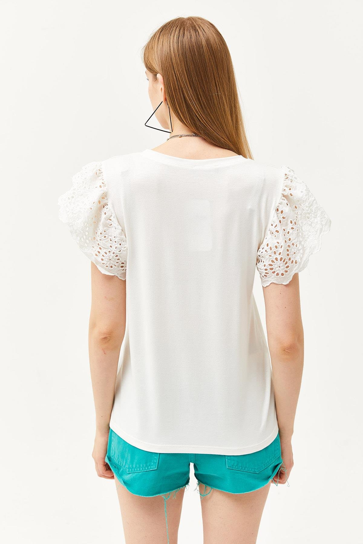 Kolu Fistolu Örme Viskon Bluz Ekru