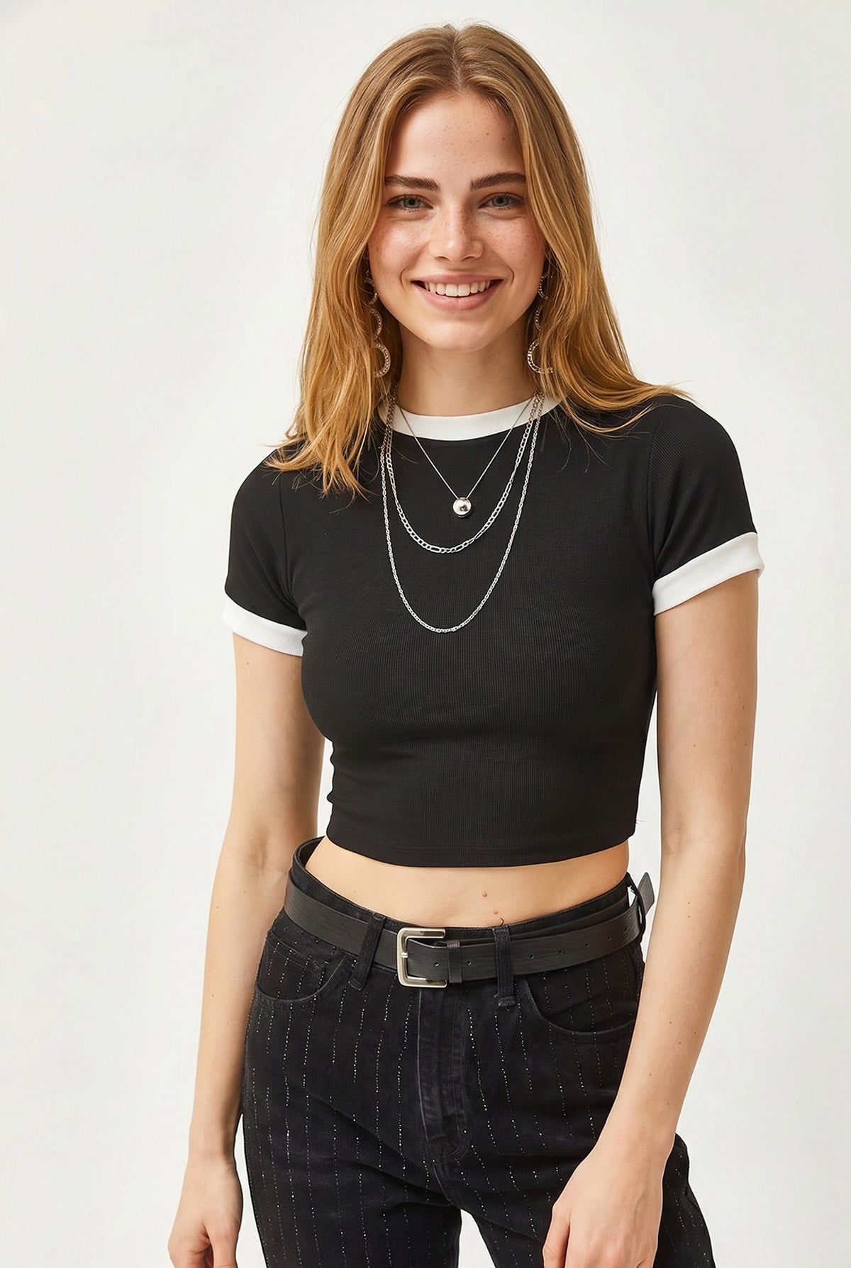 Kontrast Crop Fitilli Bluz Siyah