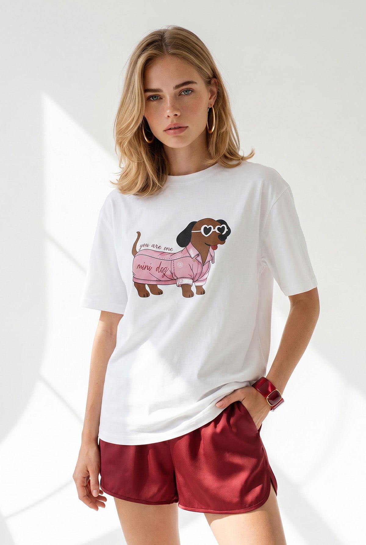 Köpek Baskılı Boyfriend Pamuk Tişört Beyaz