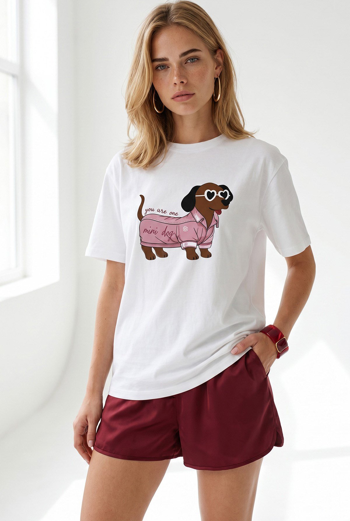 Köpek Baskılı Boyfriend Pamuk Tişört Beyaz