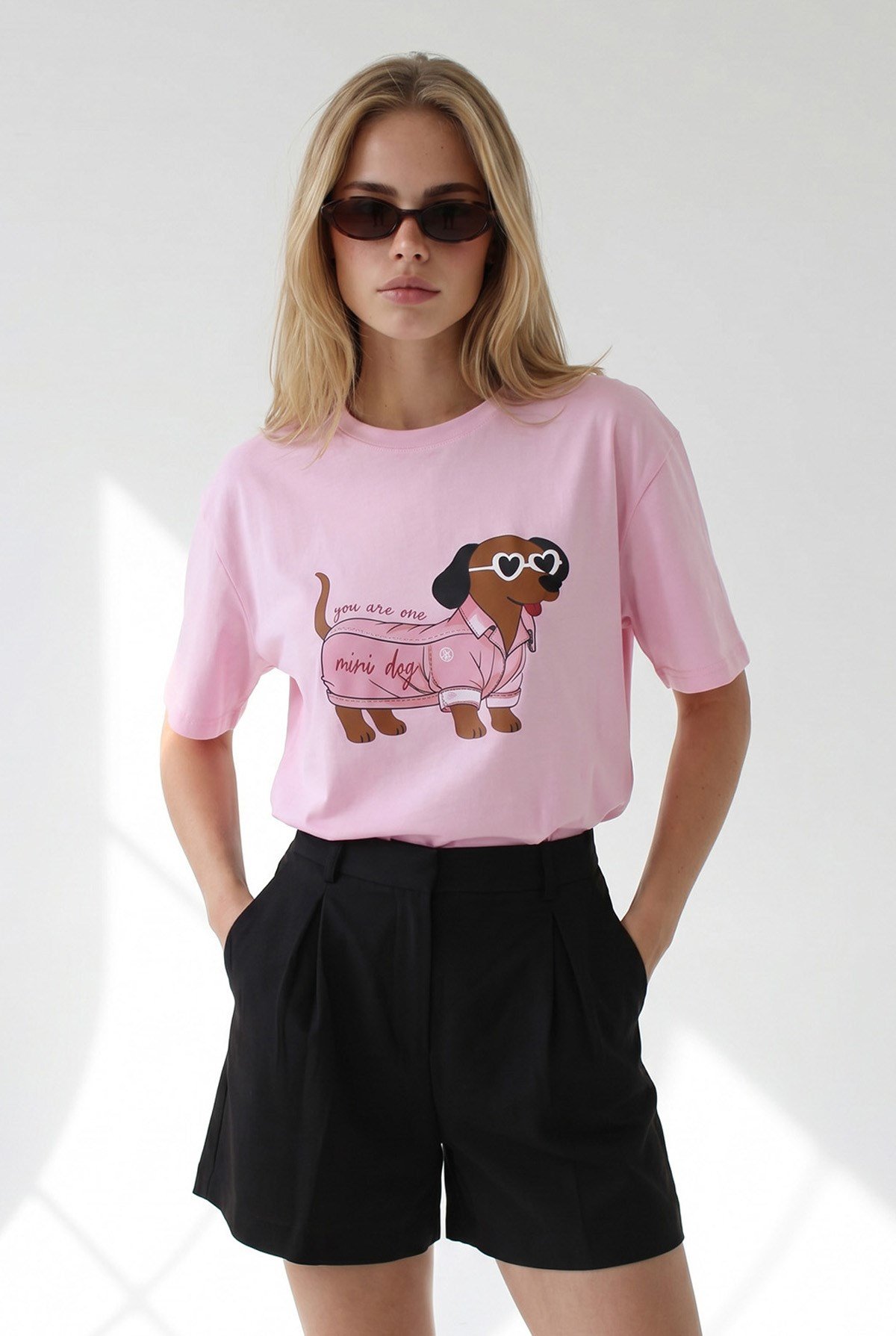 Köpek Baskılı Boyfriend Pamuk Tişört Pembe