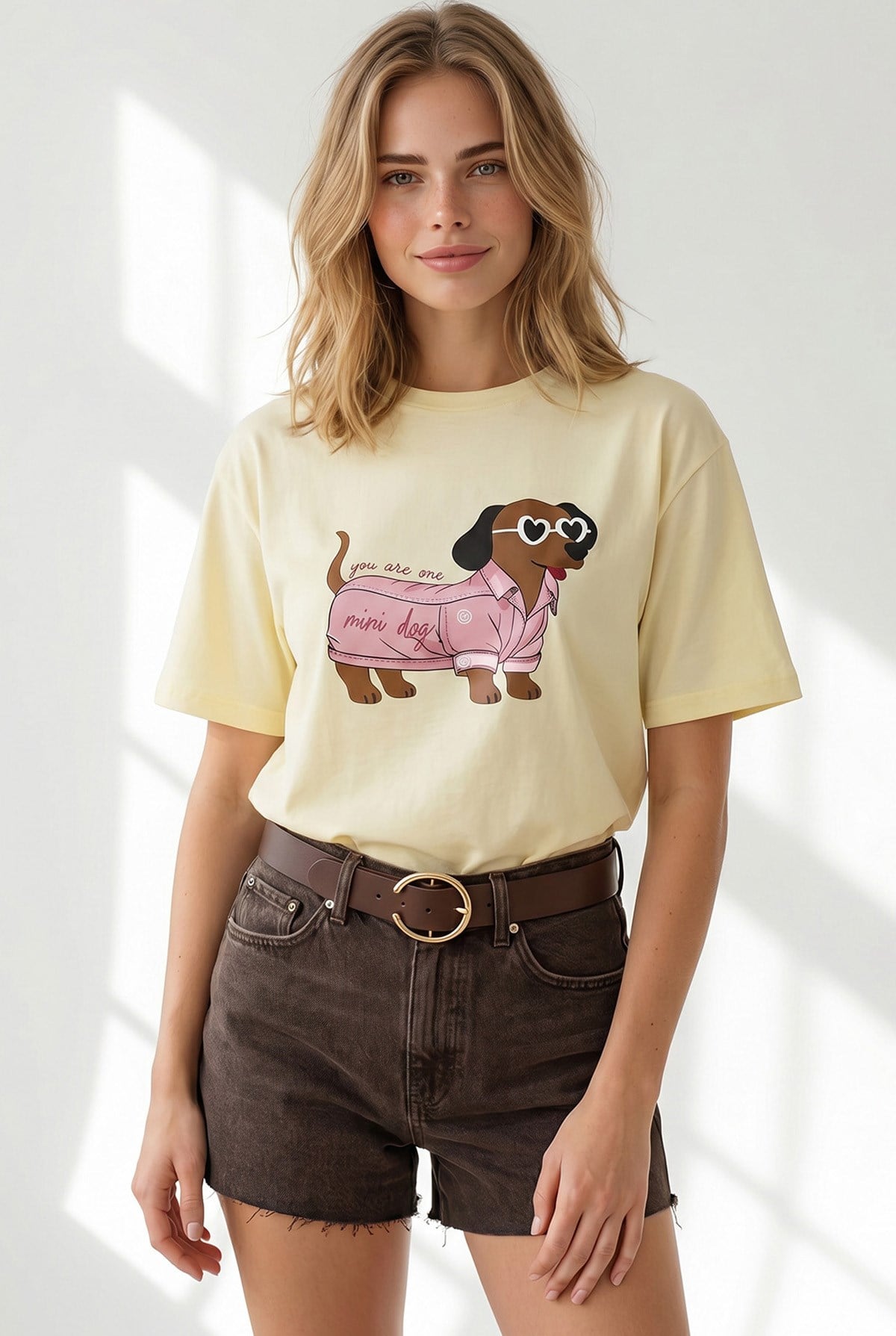 Köpek Baskılı Boyfriend Pamuk Tişört Sarı
