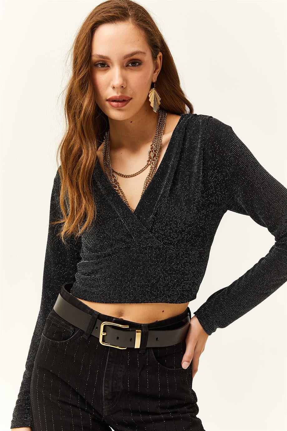 Kruvaze Simli Crop Bluz Siyah
