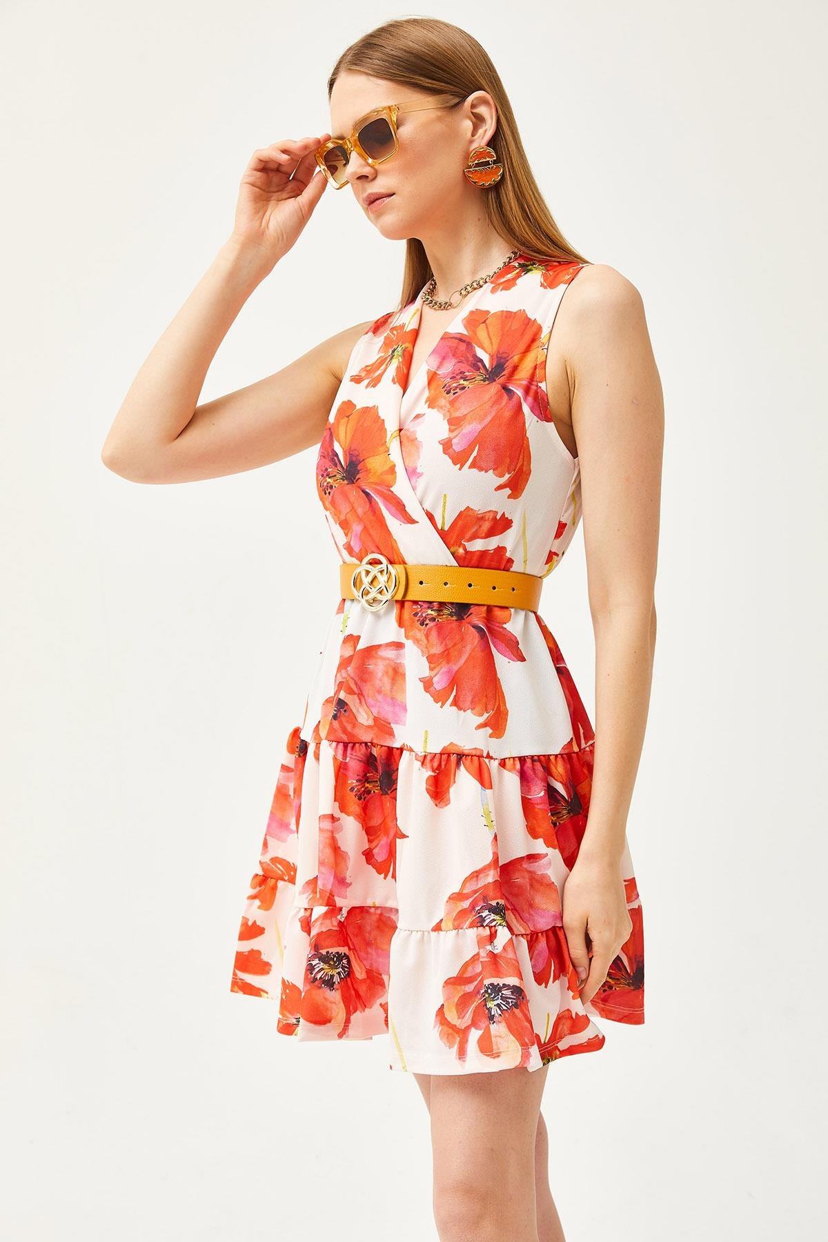Kruvaze Yaka Beli Lastikli Örme Elbise Mercan Çiçekli