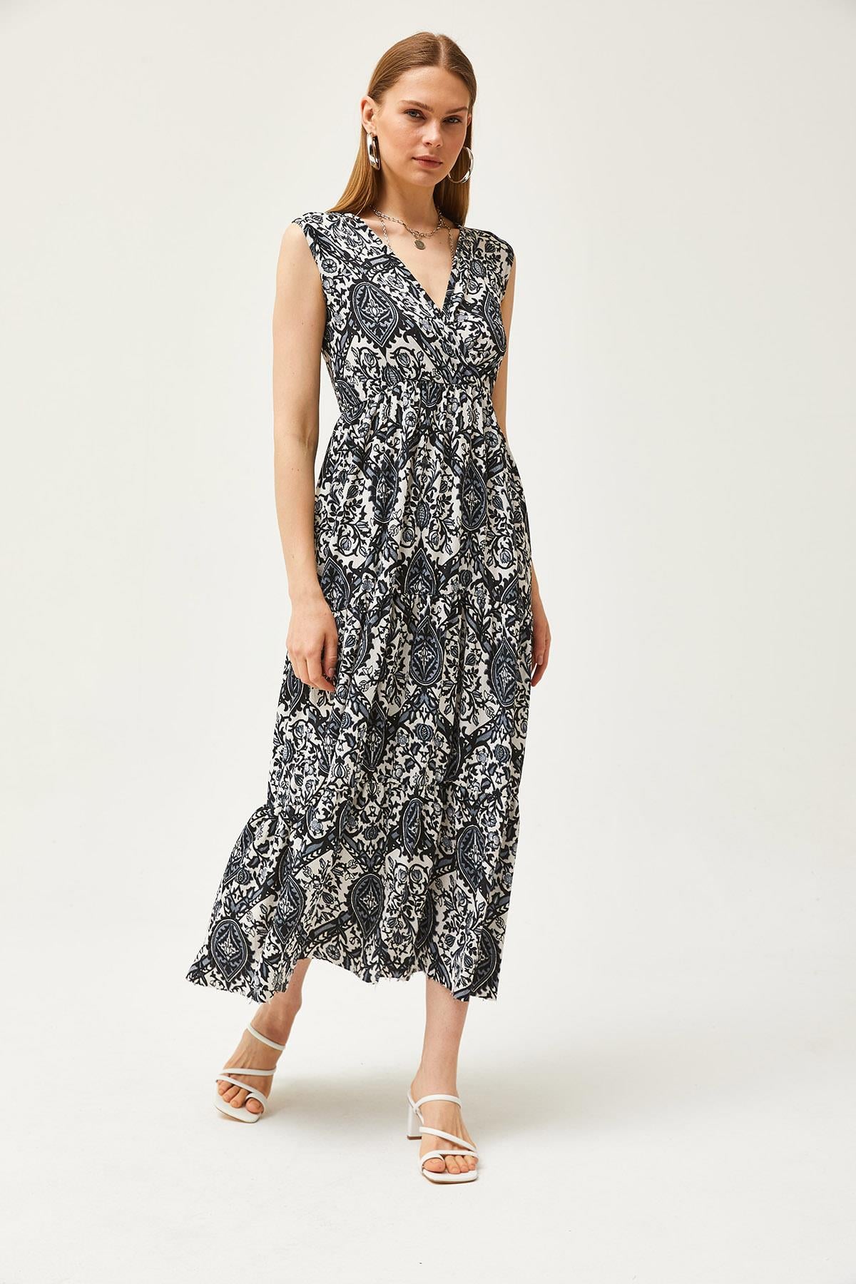 Kruvaze Yaka Desenli Maxi Örme Elbise Şal Siyah