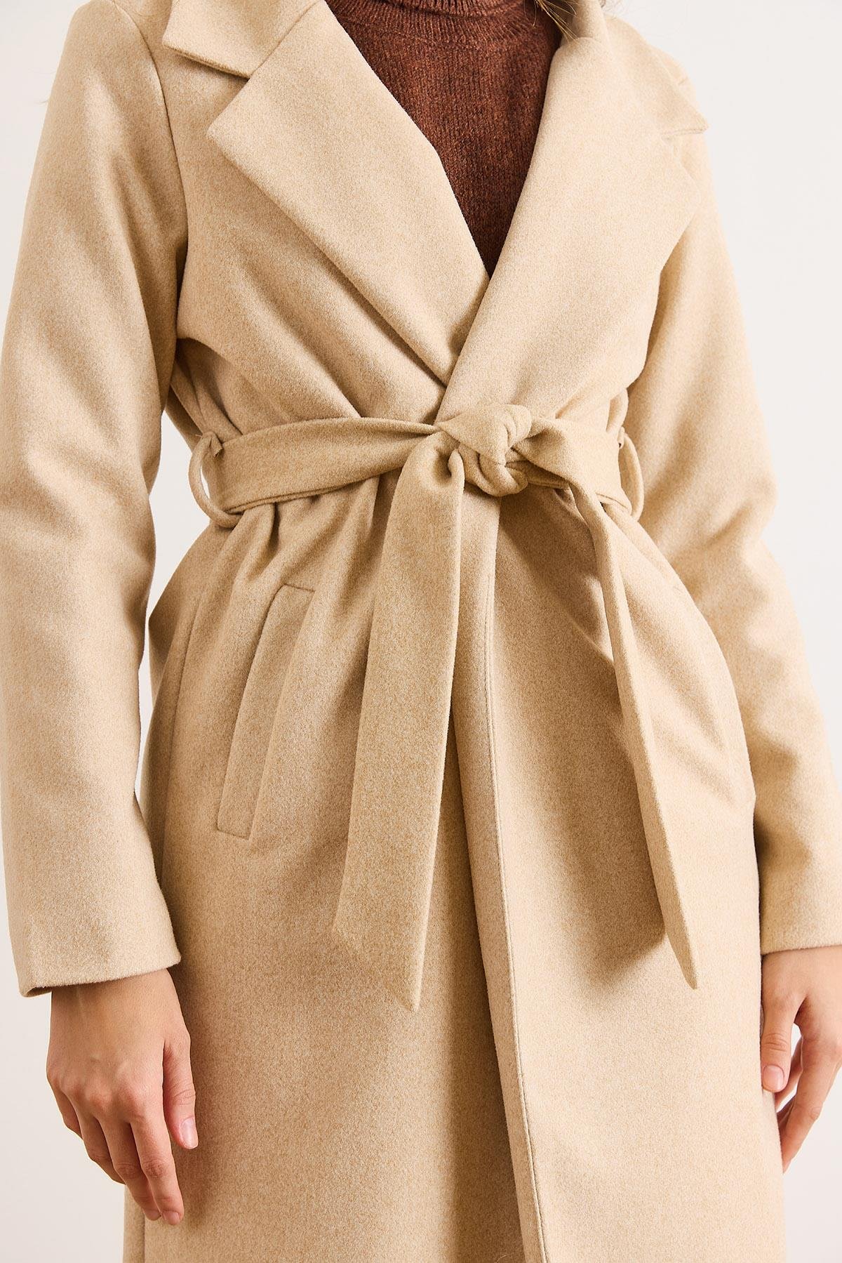 Kuşaklı Astarlı Cepli Premium Kaşe Kaban Sütlü Kahve