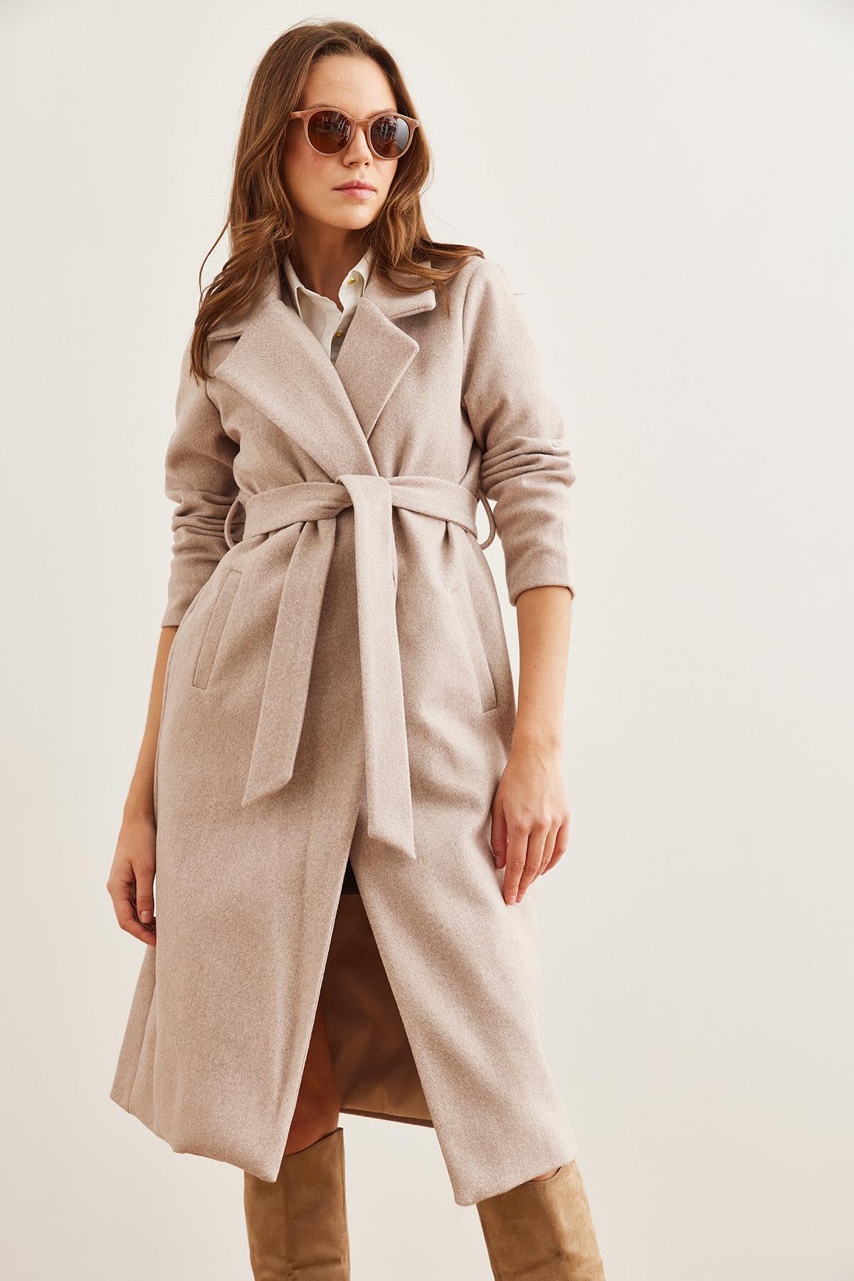 Kuşaklı Astarlı Cepli Premium Kaşe Kaban Taş