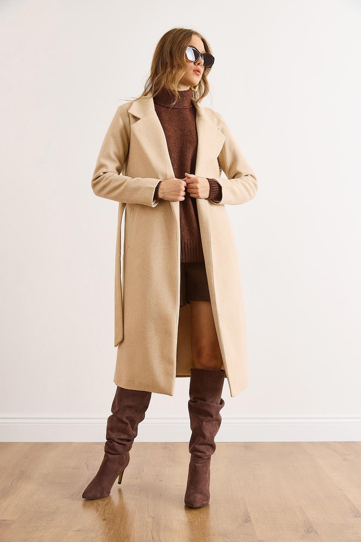 Kuşaklı Astarlı Cepli Premium Kaşe Kaban Sütlü Kahve