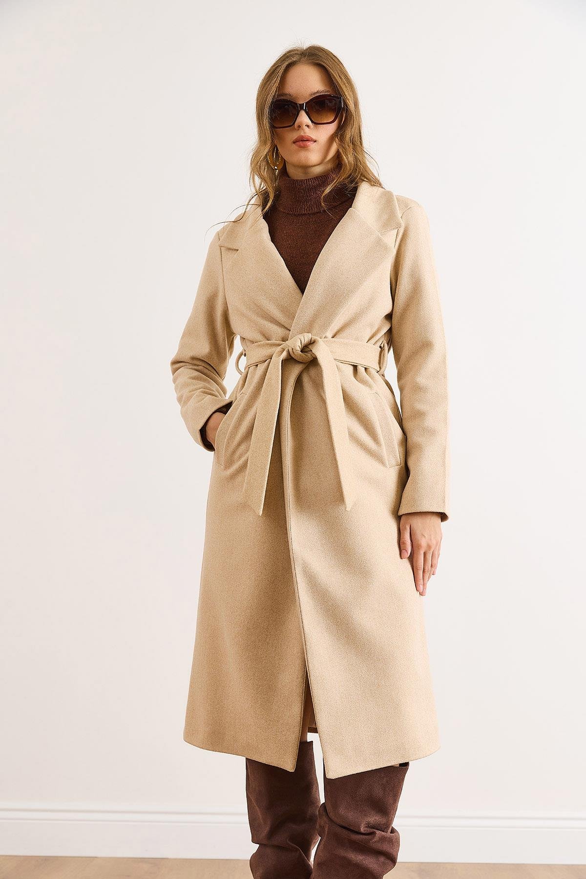 Kuşaklı Astarlı Cepli Premium Kaşe Kaban Sütlü Kahve