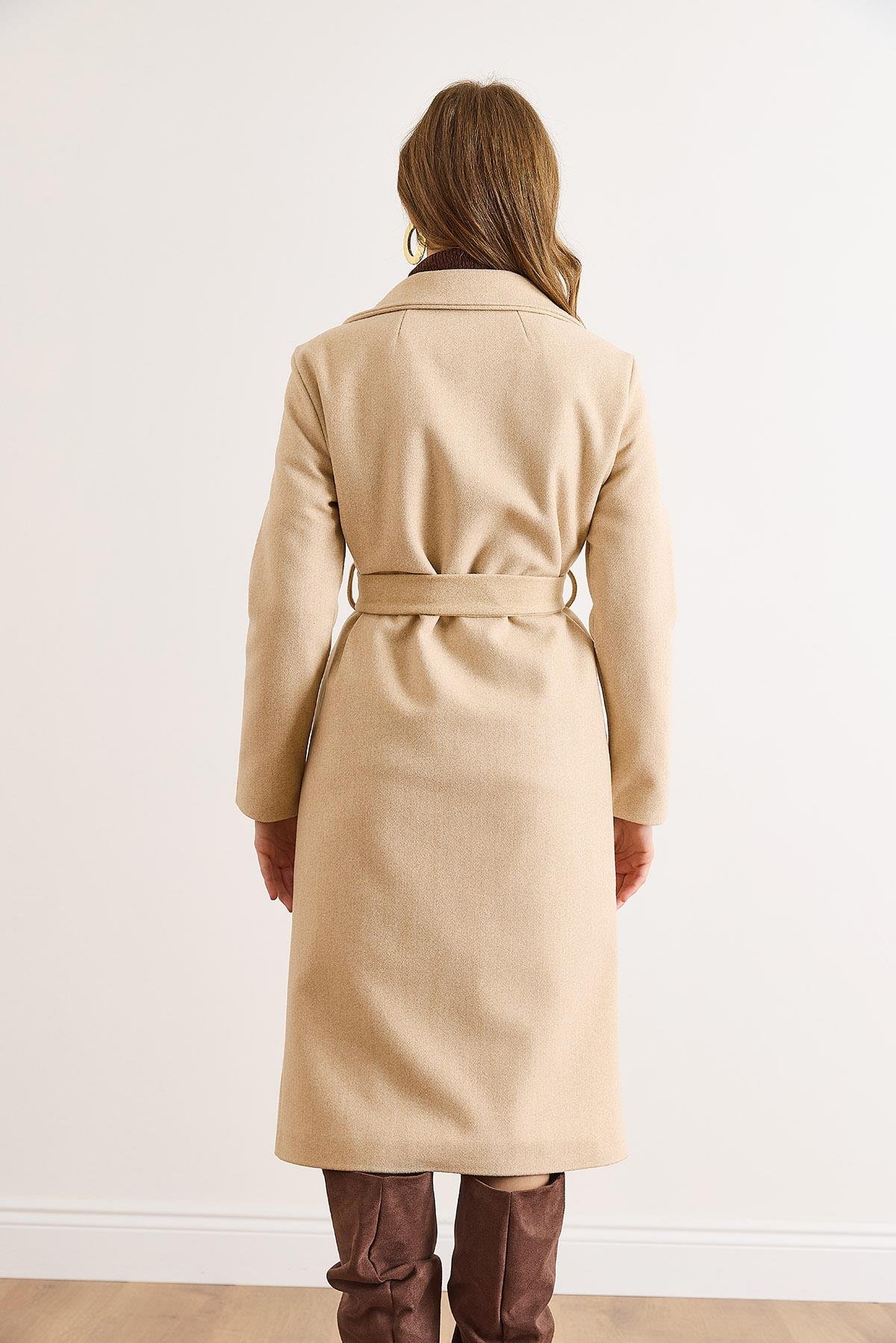 Kuşaklı Astarlı Cepli Premium Kaşe Kaban Sütlü Kahve