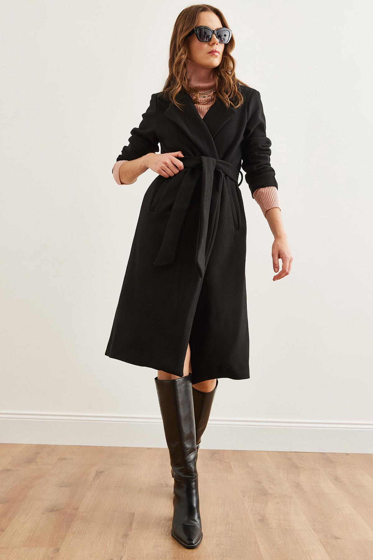 Kuşaklı Astarlı Cepli Premium Kaşe Kaban Siyah