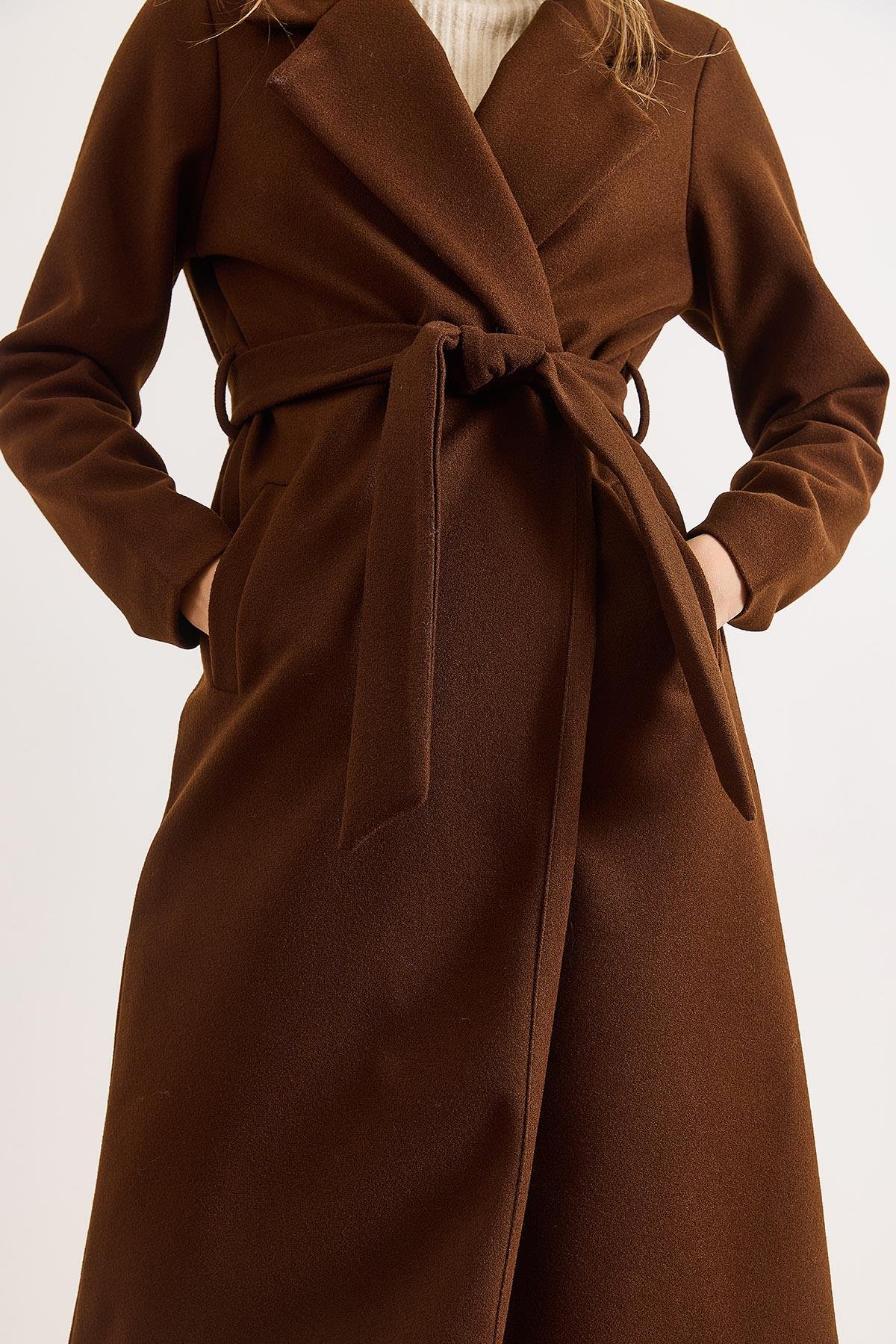 Kuşaklı Astarlı Cepli Premium Kaşe Kaban Acı Kahve