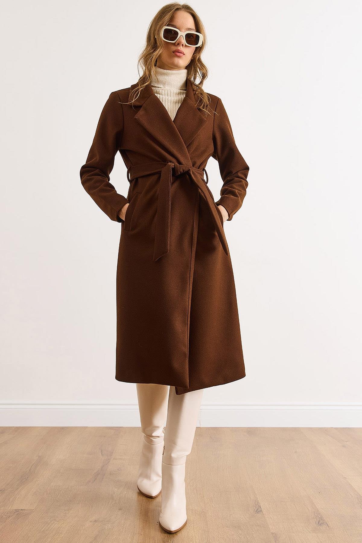 Kuşaklı Astarlı Cepli Premium Kaşe Kaban Acı Kahve