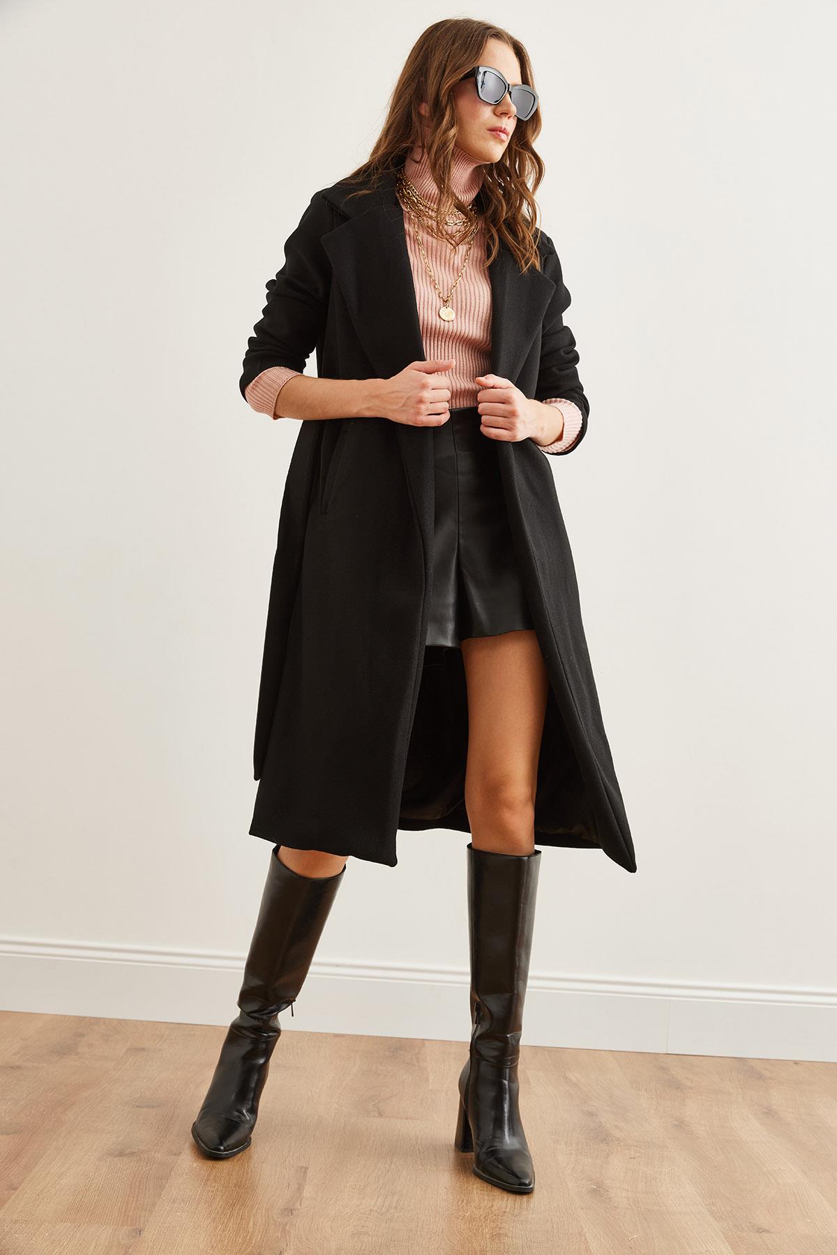 Kuşaklı Astarlı Cepli Premium Kaşe Kaban Siyah