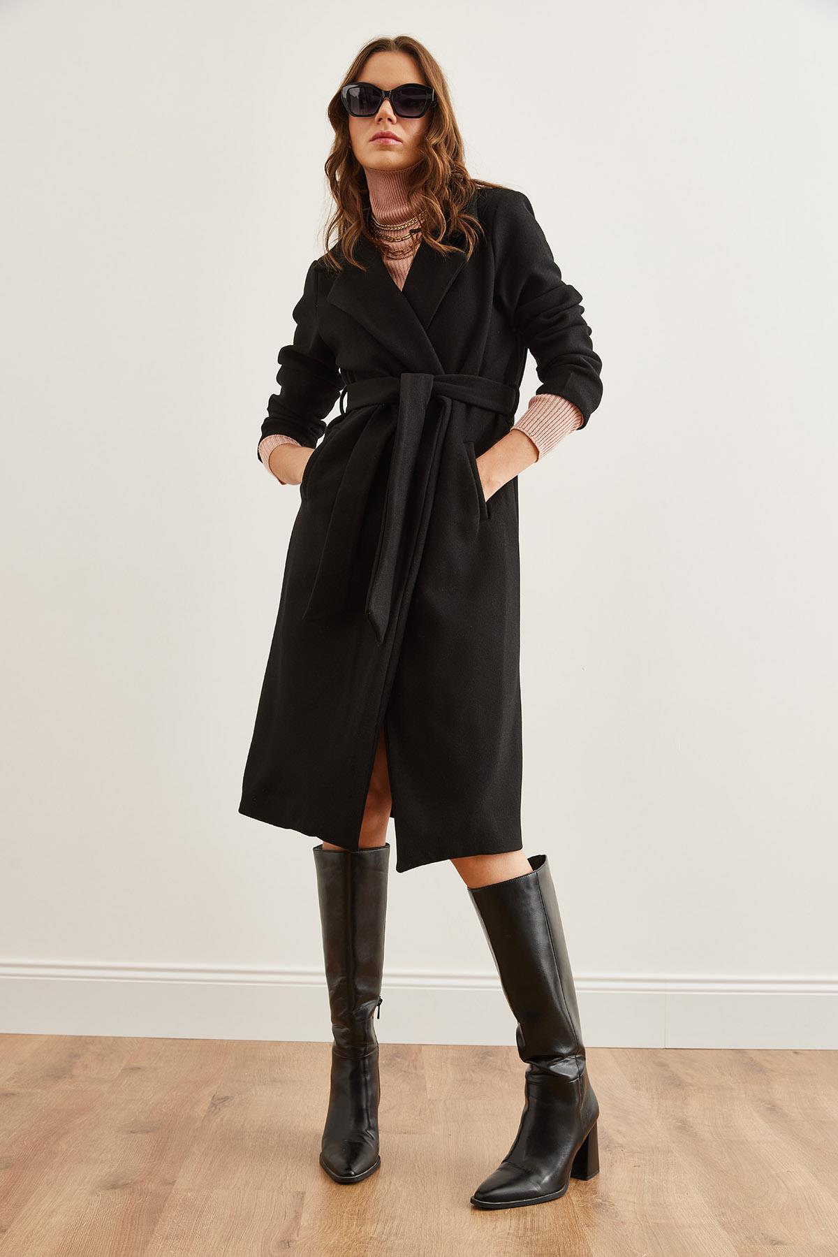 Kuşaklı Astarlı Cepli Premium Kaşe Kaban Siyah