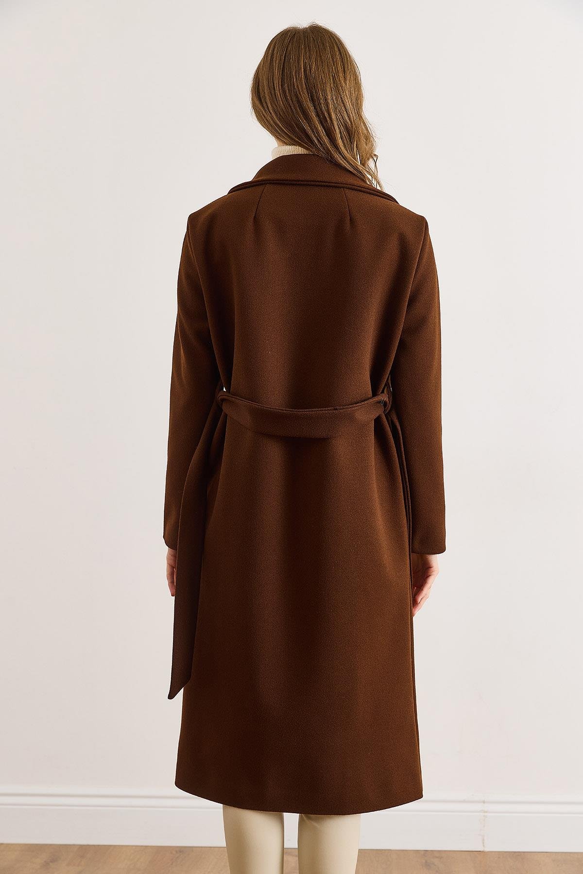 Kuşaklı Astarlı Cepli Premium Kaşe Kaban Acı Kahve