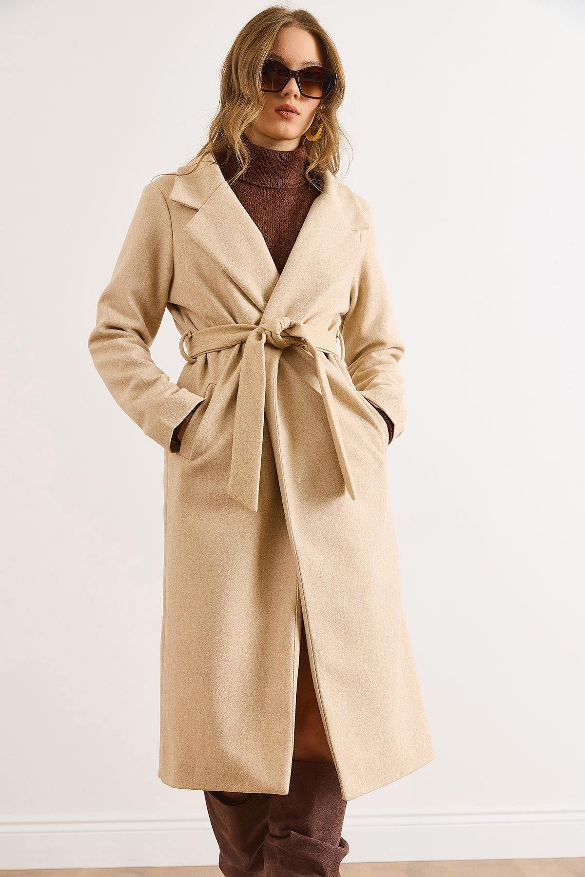 Kuşaklı Astarlı Cepli Premium Kaşe Kaban Sütlü Kahve