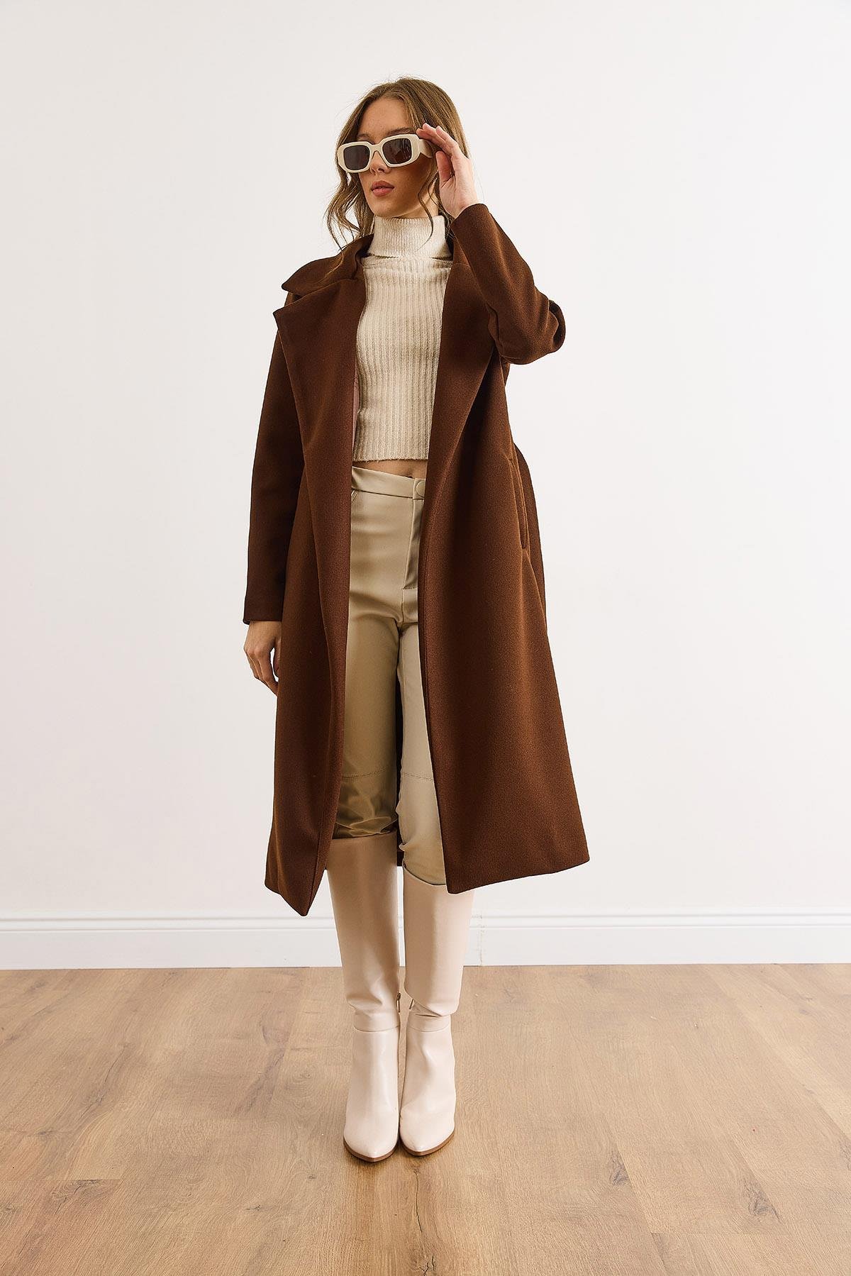 Kuşaklı Astarlı Cepli Premium Kaşe Kaban Acı Kahve