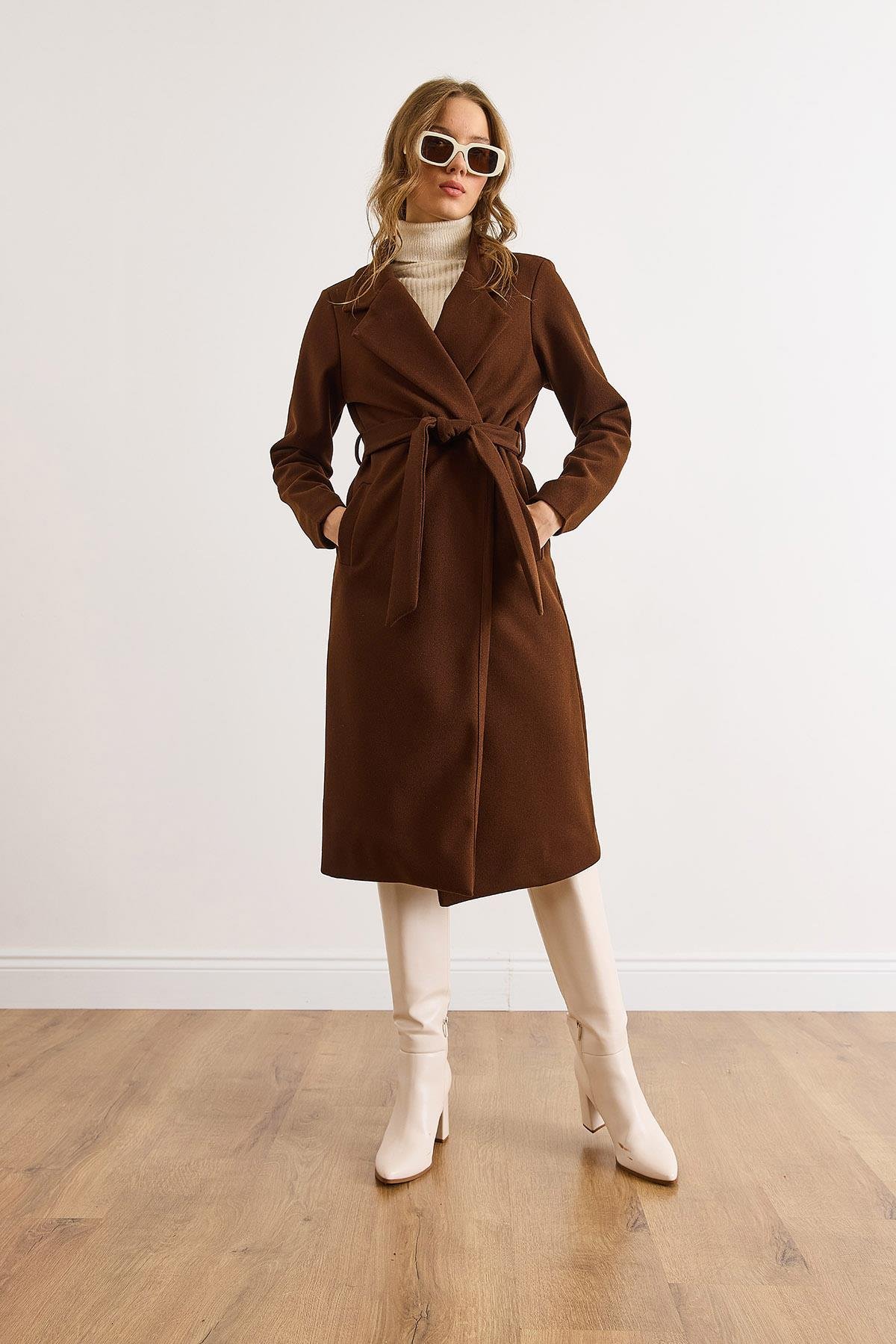 Kuşaklı Astarlı Cepli Premium Kaşe Kaban Acı Kahve