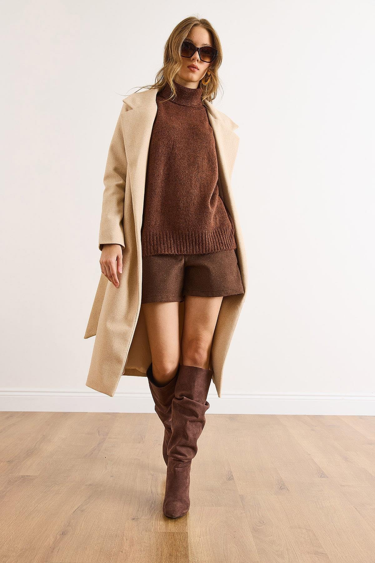 Kuşaklı Astarlı Cepli Premium Kaşe Kaban Sütlü Kahve