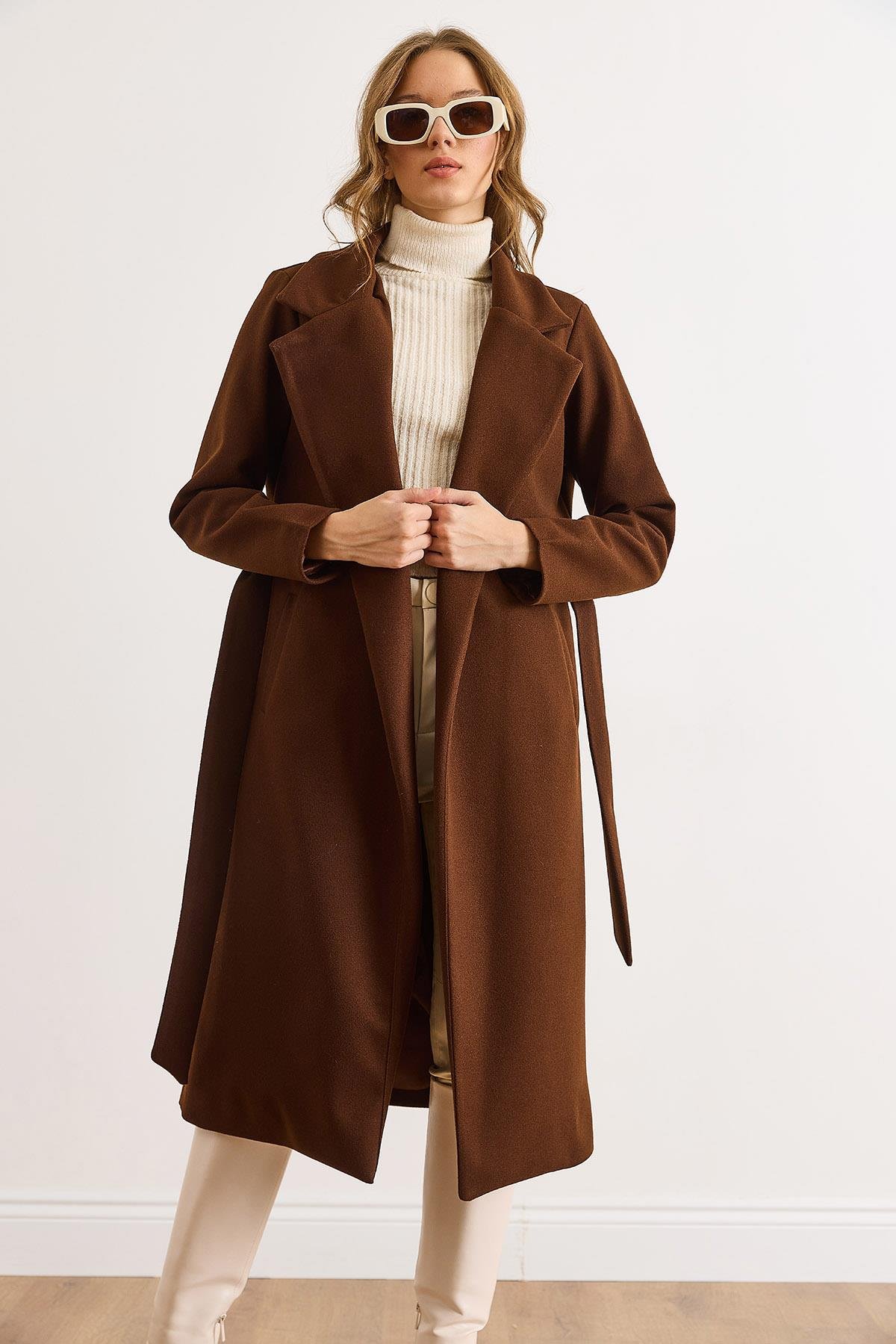 Kuşaklı Astarlı Cepli Premium Kaşe Kaban Acı Kahve