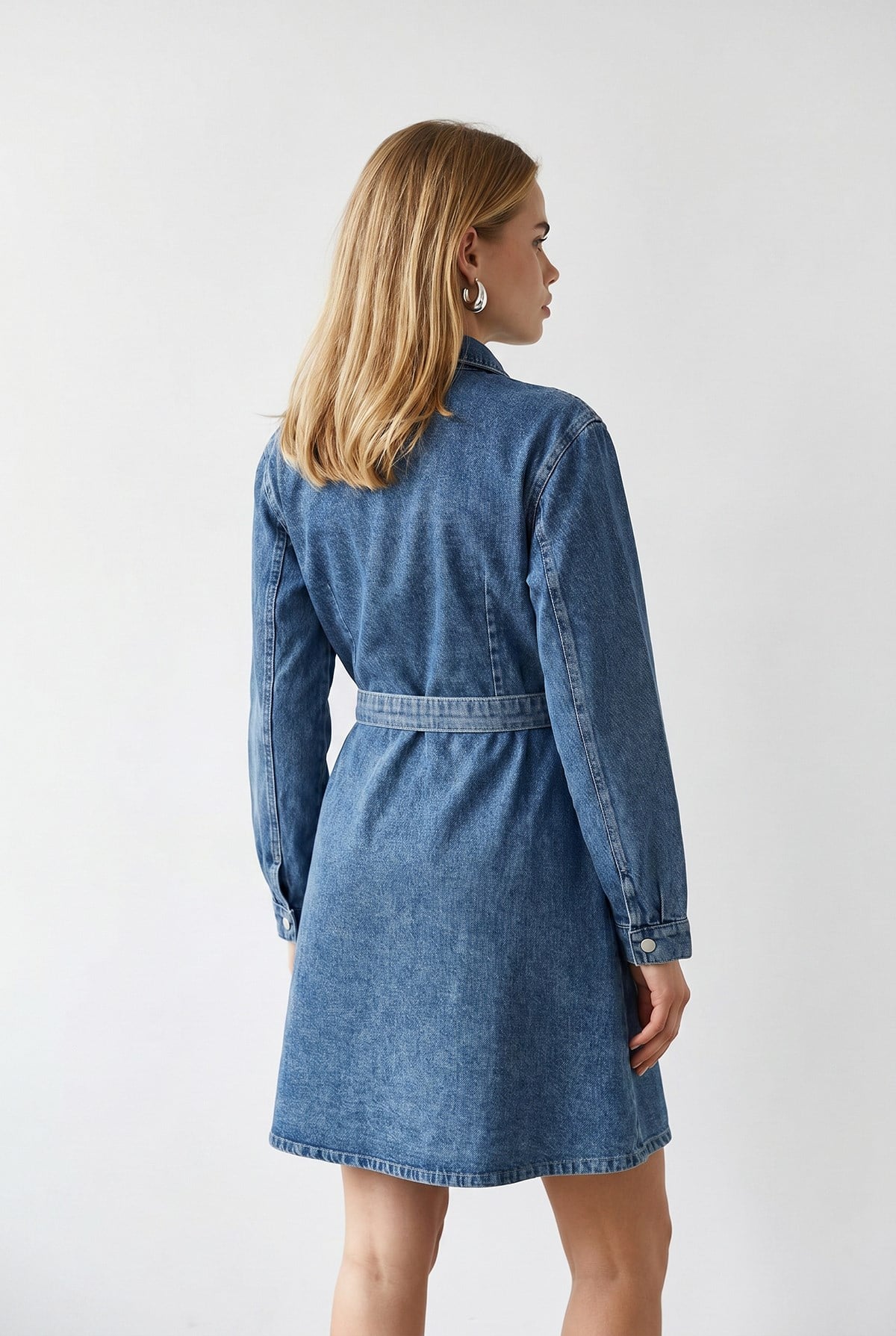Kuşaklı Cepli Kloş Denim Elbise Açık Mavi