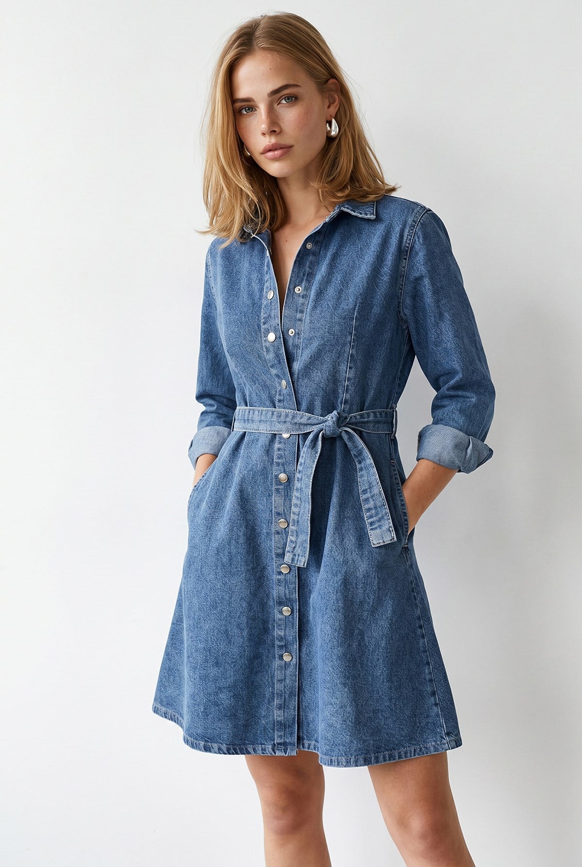 Kuşaklı Cepli Kloş Denim Elbise Açık Mavi