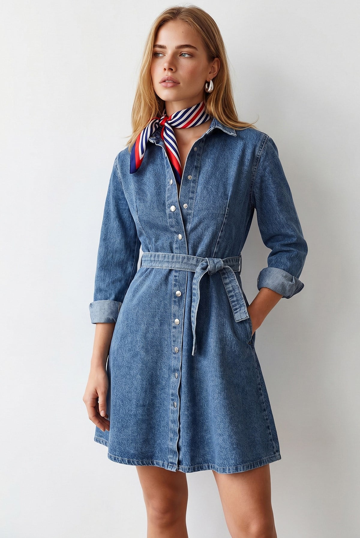 Kuşaklı Cepli Kloş Denim Elbise Açık Mavi