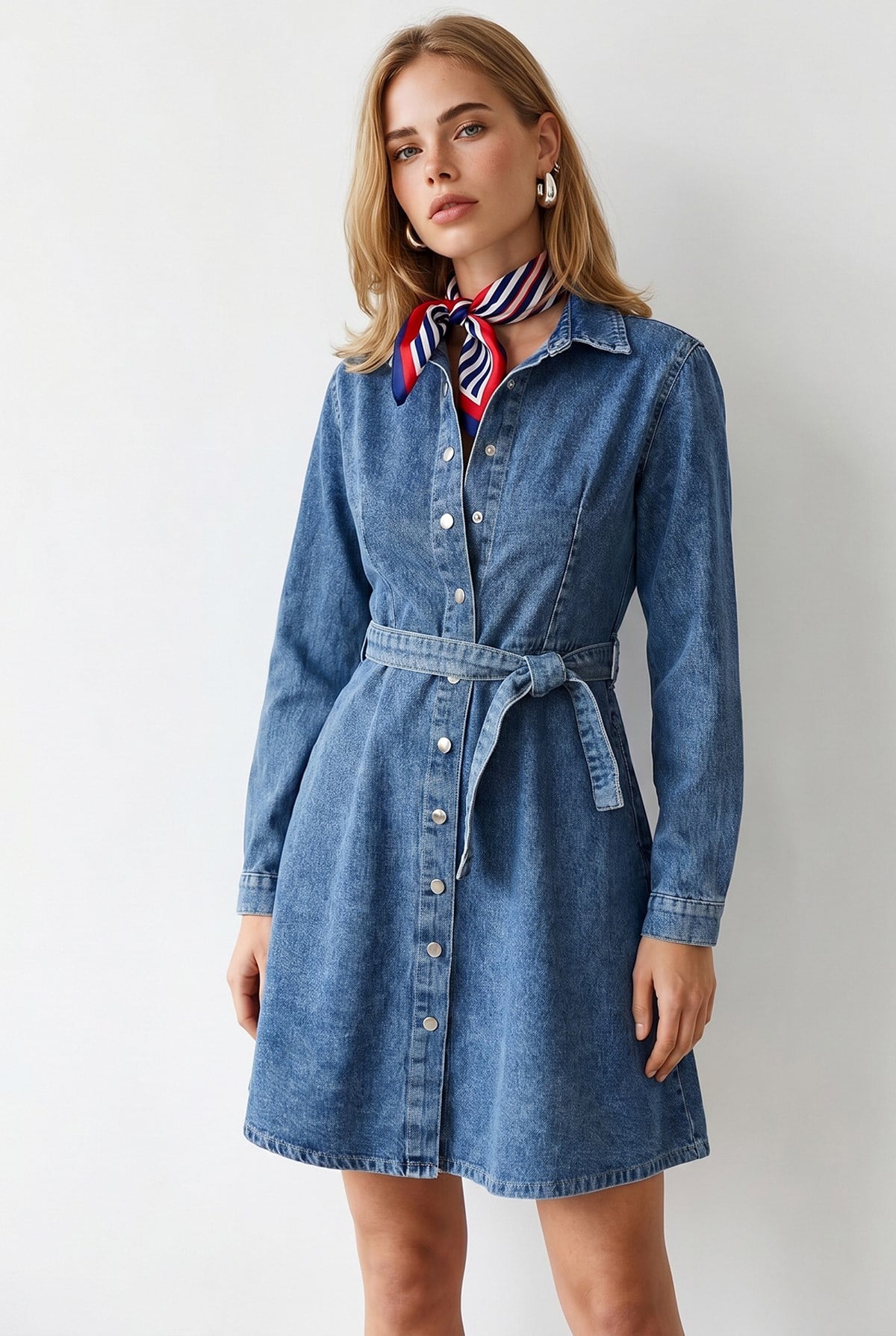 Kuşaklı Cepli Kloş Denim Elbise Açık Mavi